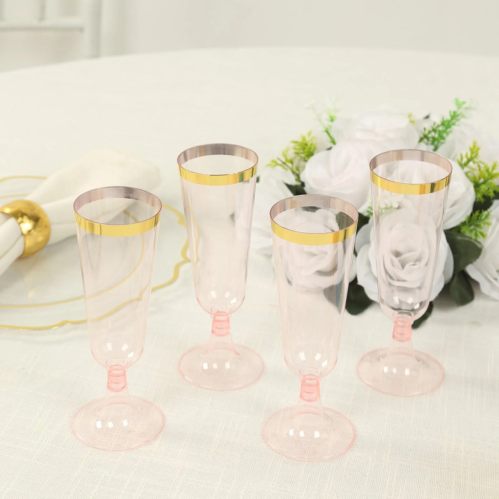 12-Pack Plastic Champagne Flutes 5oz Transparent Blush with Gold Rim - Disposable Toasting Glasses with Detachable Base 6" - Image 2