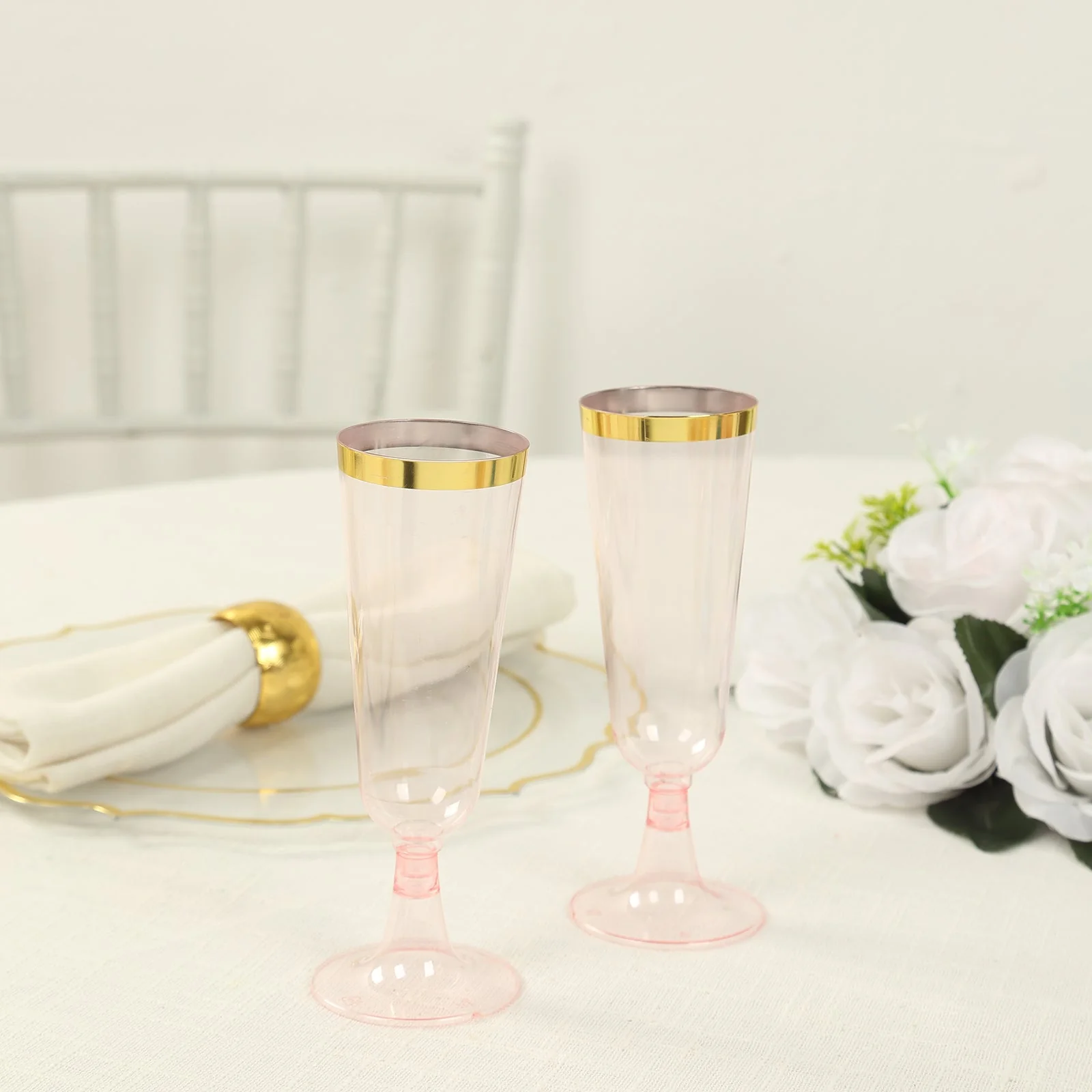 12-Pack Plastic Champagne Flutes 5oz Transparent Blush with Gold Rim - Disposable Toasting Glasses with Detachable Base 6" - Image 7