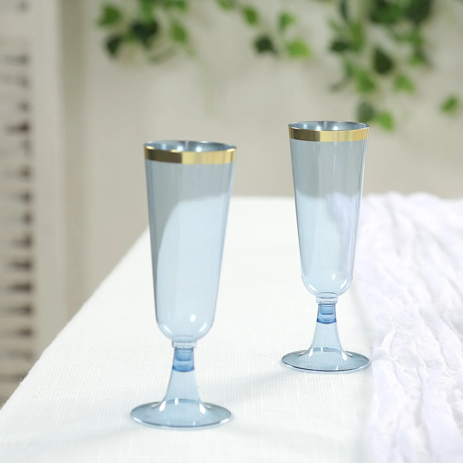 12-Pack Plastic Champagne Flutes 5oz Transparent Dusty Blue with Gold Rim - Disposable Toasting Glasses with Detachable Base 6" - Image 3