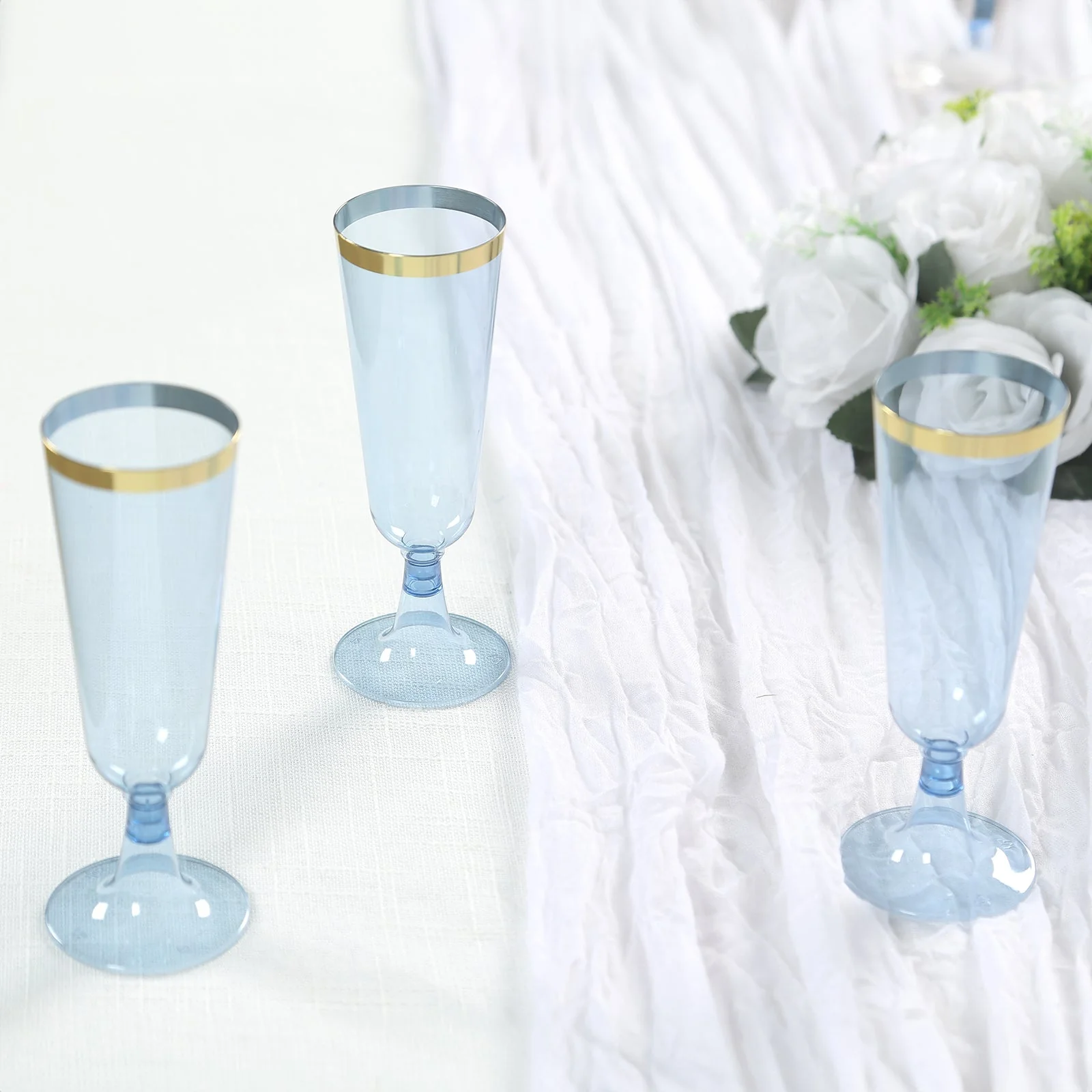 12-Pack Plastic Champagne Flutes 5oz Transparent Dusty Blue with Gold Rim - Disposable Toasting Glasses with Detachable Base 6" - Image 4