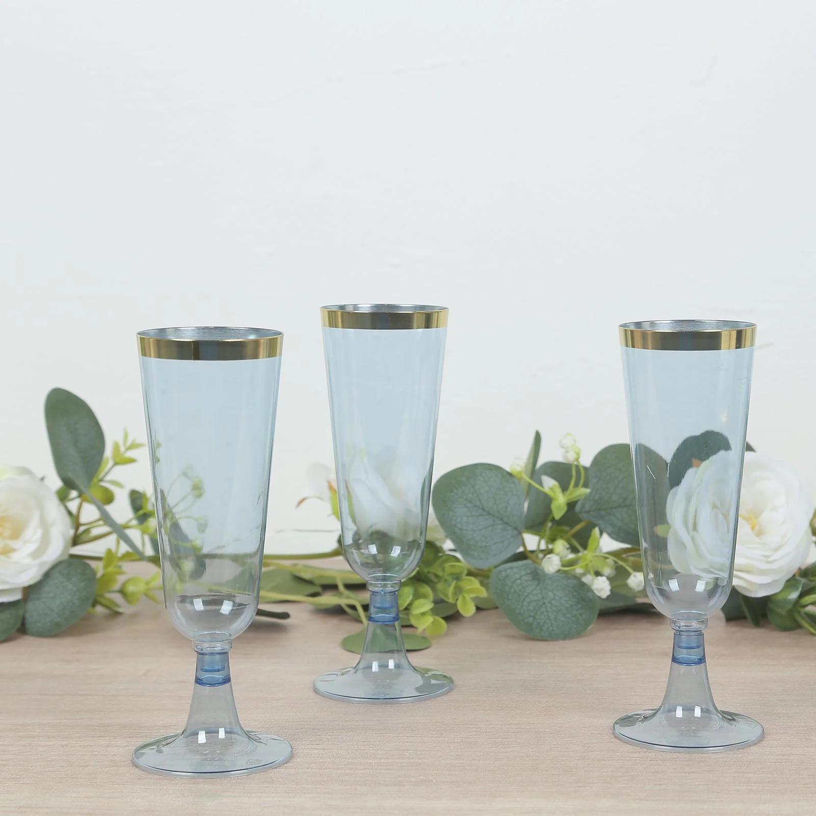 12-Pack Plastic Champagne Flutes 5oz Transparent Dusty Blue with Gold Rim - Disposable Toasting Glasses with Detachable Base 6" - Image 7