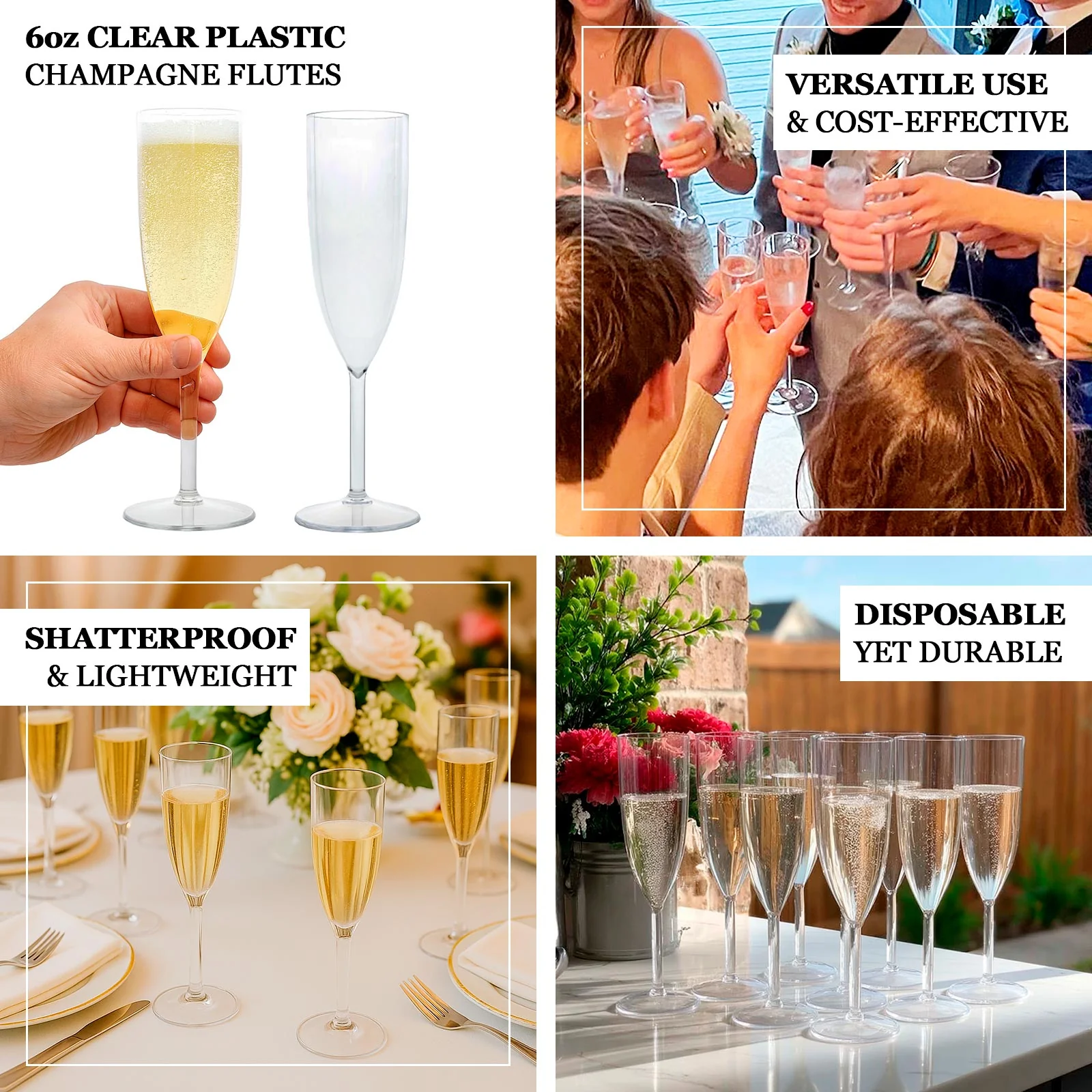 12-Pack Shatterproof Plastic Champagne Flutes – 6oz Clear Reusable Toasting Glasses for Parties, Weddings & Events - Image 3