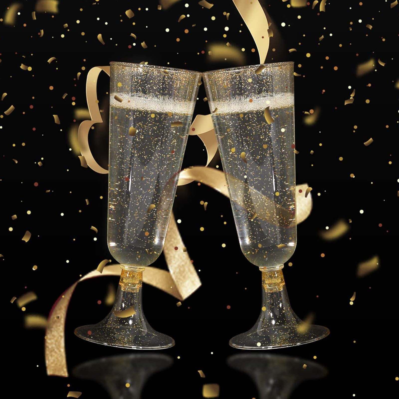 12-Pack Plastic Champagne Glasses 5oz Gold Glittered Short Stem - Disposable Trumpet Flutes with Detachable Base - Image 2