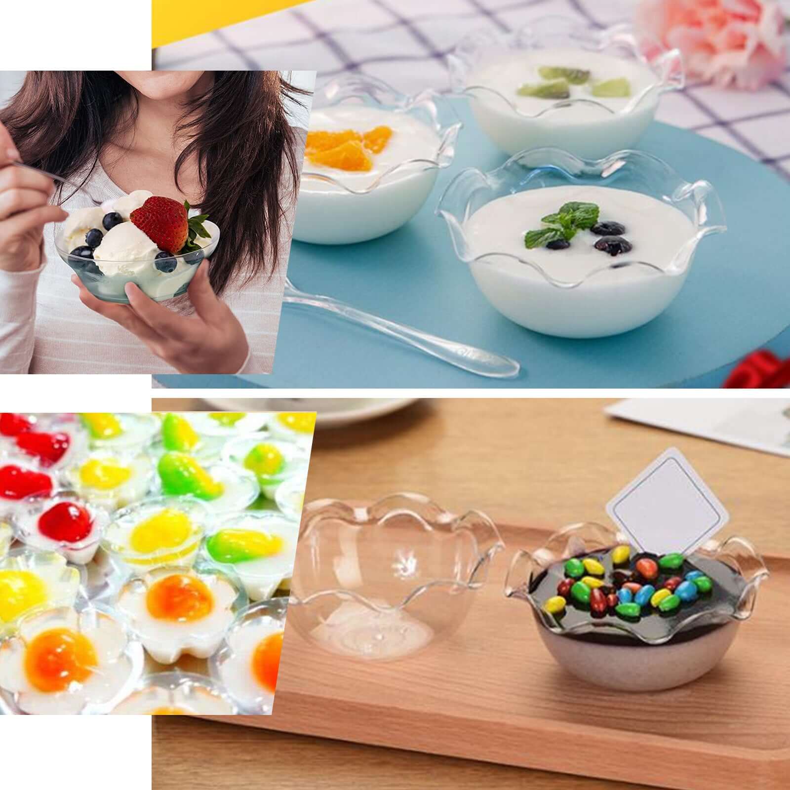 12-Pack Plastic Dessert Bowls 3oz Round Blossom Design Clear - Disposable Ice Cream and Candy Bowls - Image 5