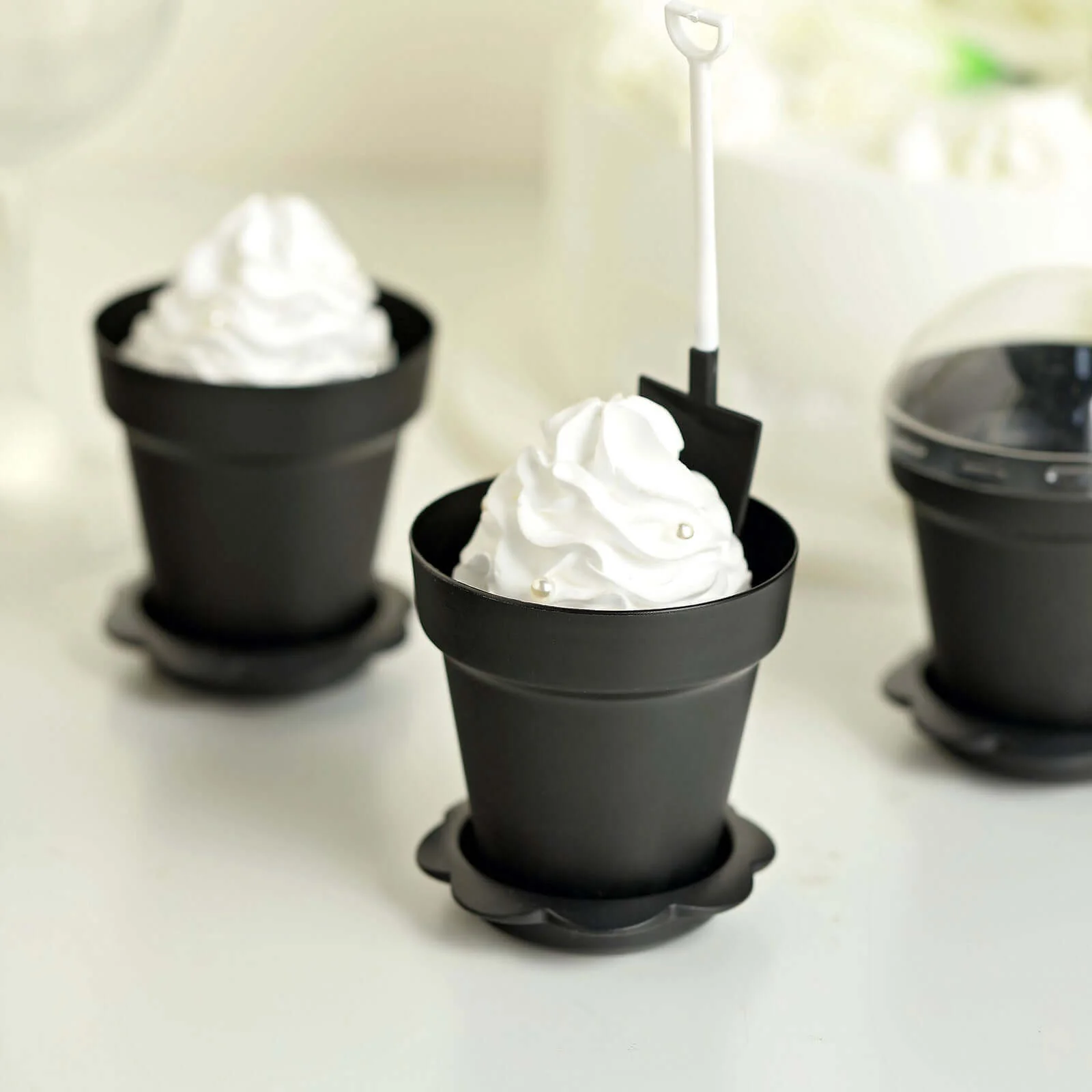12-Pack Plastic Dessert Cups 4" Succulent Planter Design Black - Includes Clear Lids, Trays, and Shovels