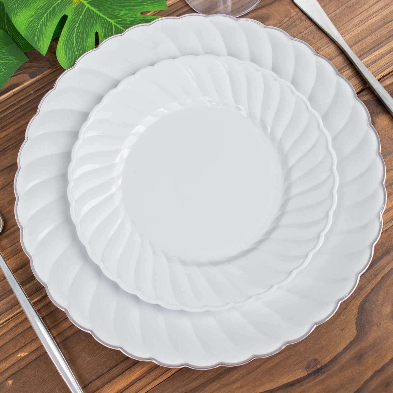 12-Pack Plastic Dessert Plates 7.5" White Flair Rim - Round Disposable Plates for Appetizers