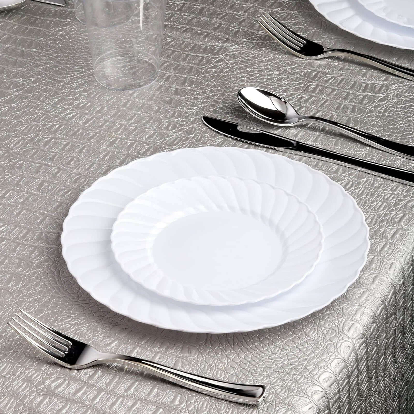 12-Pack Plastic Dinner Plates 10" Glossy White Swirl Rim - Round Disposable Party Plates - Image 2