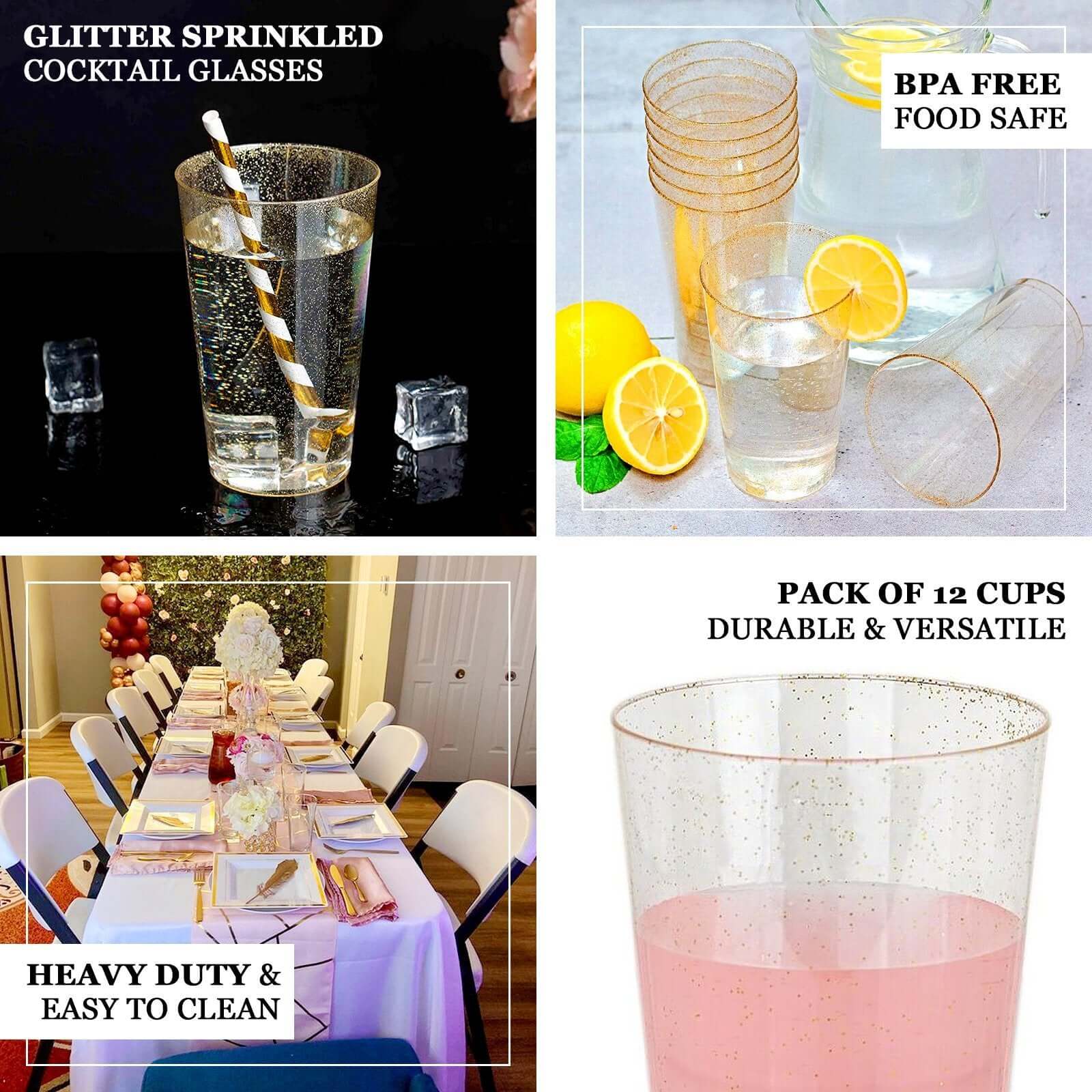 12-Pack Plastic Party Cups 17oz Gold Glitter - Disposable Drinking Tumblers 6" - Image 4