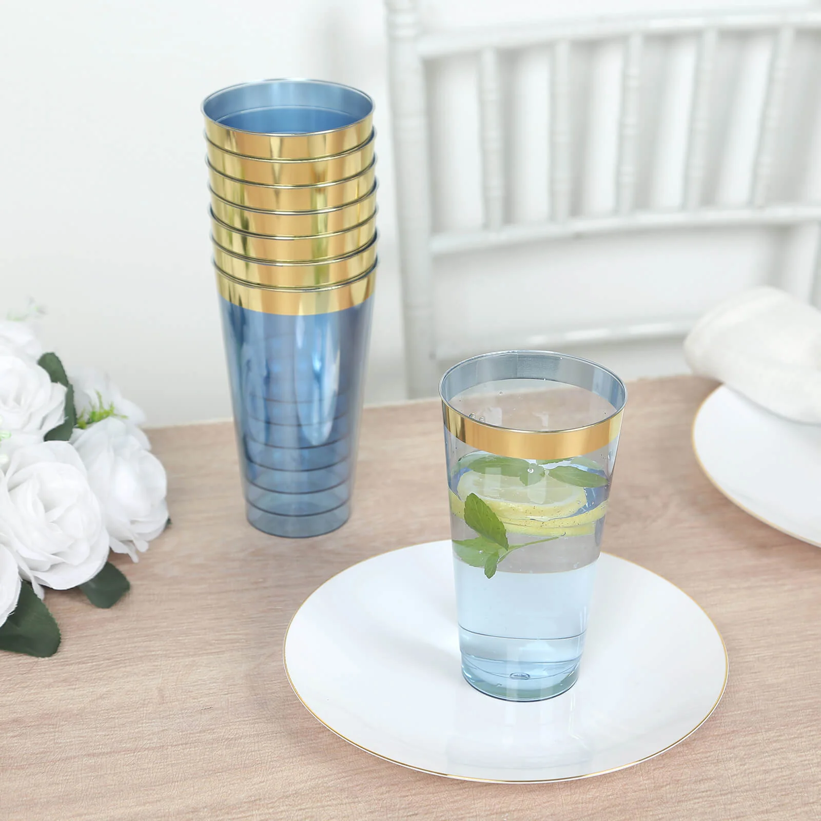 12-Pack Plastic Party Cups 17oz Transparent Dusty Blue with Gold Rim - Disposable Drinking Tumblers 5.5" - Image 6