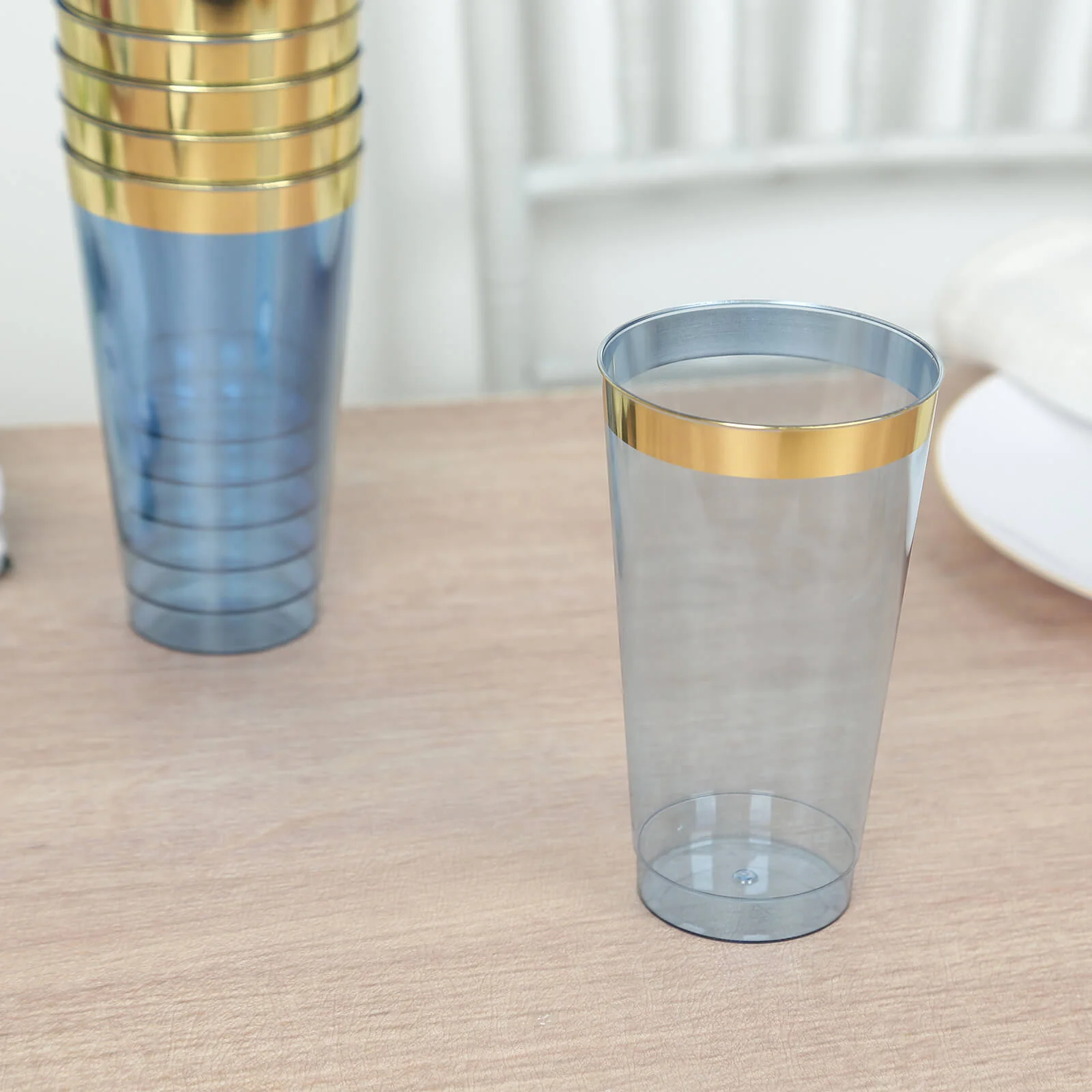 12-Pack Plastic Party Cups 17oz Transparent Dusty Blue with Gold Rim - Disposable Drinking Tumblers 5.5" - Image 7