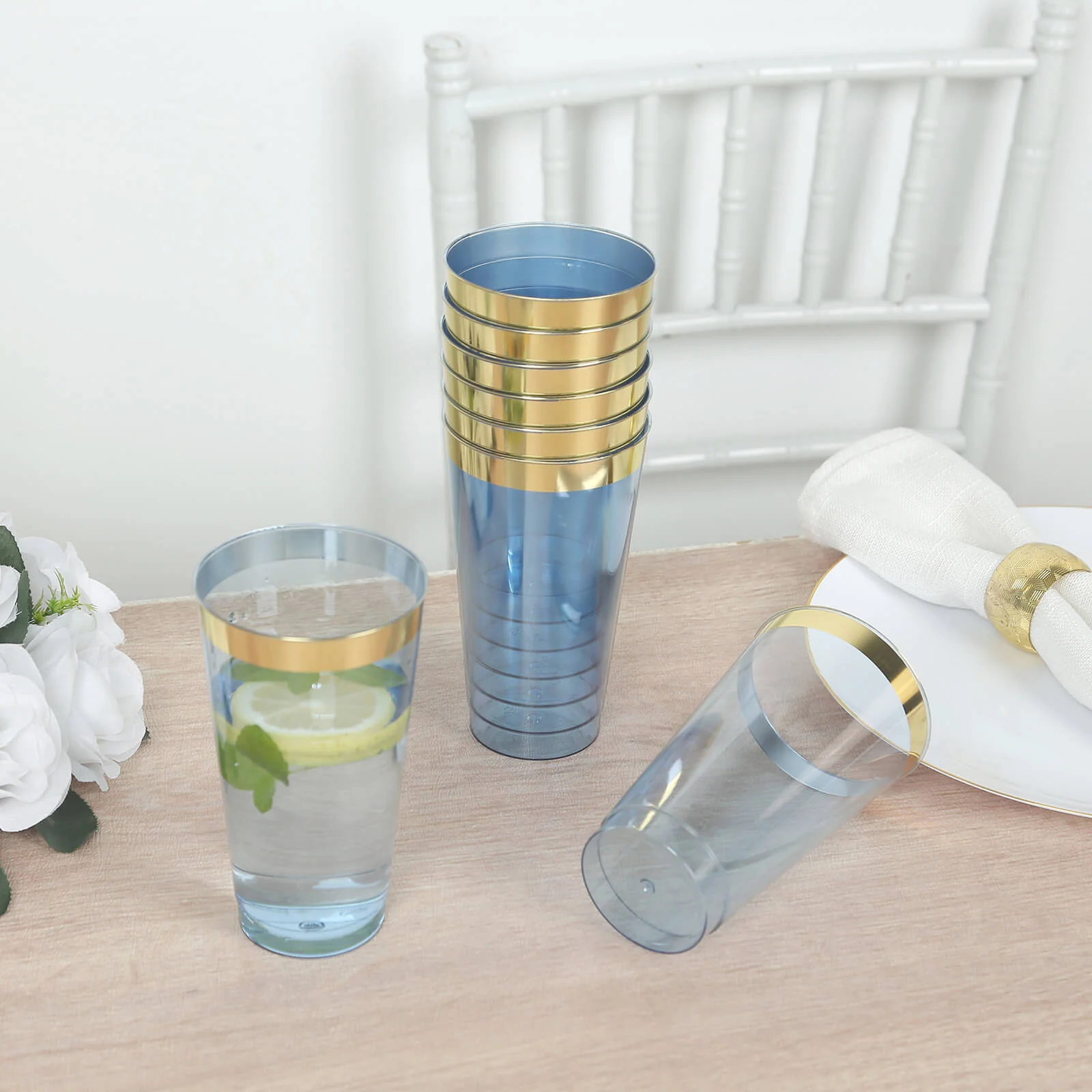 12-Pack Plastic Party Cups 17oz Transparent Dusty Blue with Gold Rim - Disposable Drinking Tumblers 5.5" - Image 8