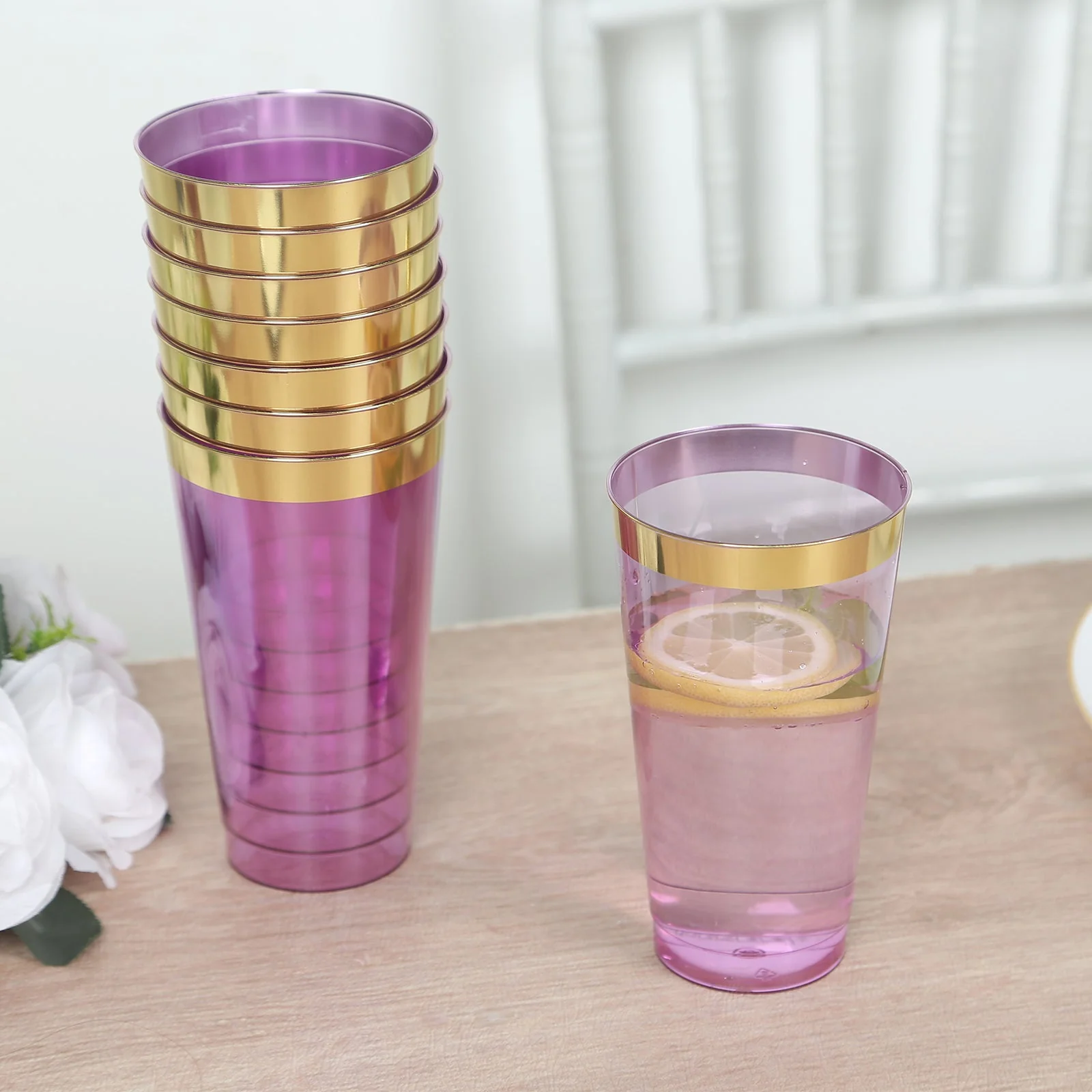 12-Pack Plastic Party Cups 17oz Transparent Purple with Gold Rim - Disposable Drinking Tumblers 5.5" - Image 5