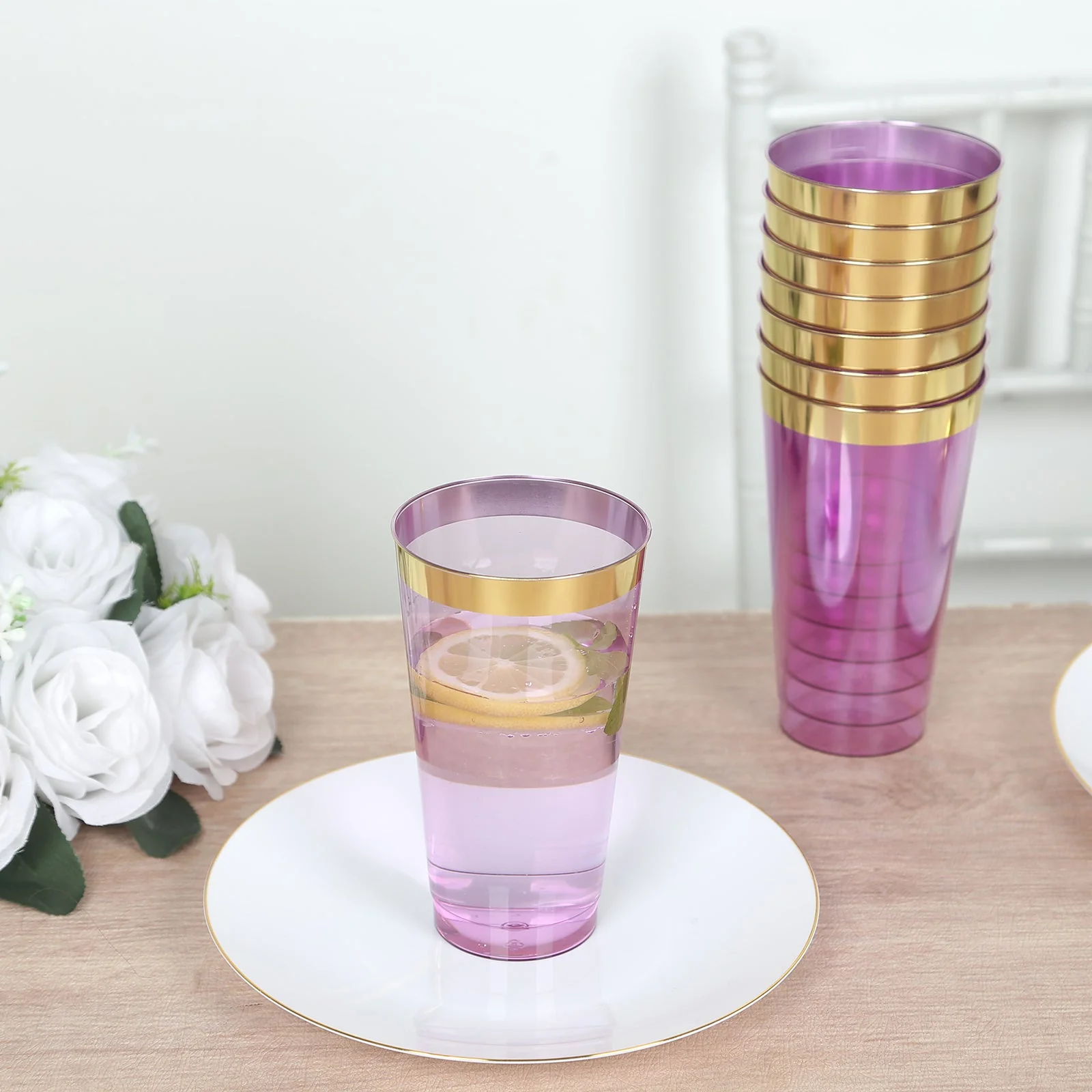 12-Pack Plastic Party Cups 17oz Transparent Purple with Gold Rim - Disposable Drinking Tumblers 5.5" - Image 7