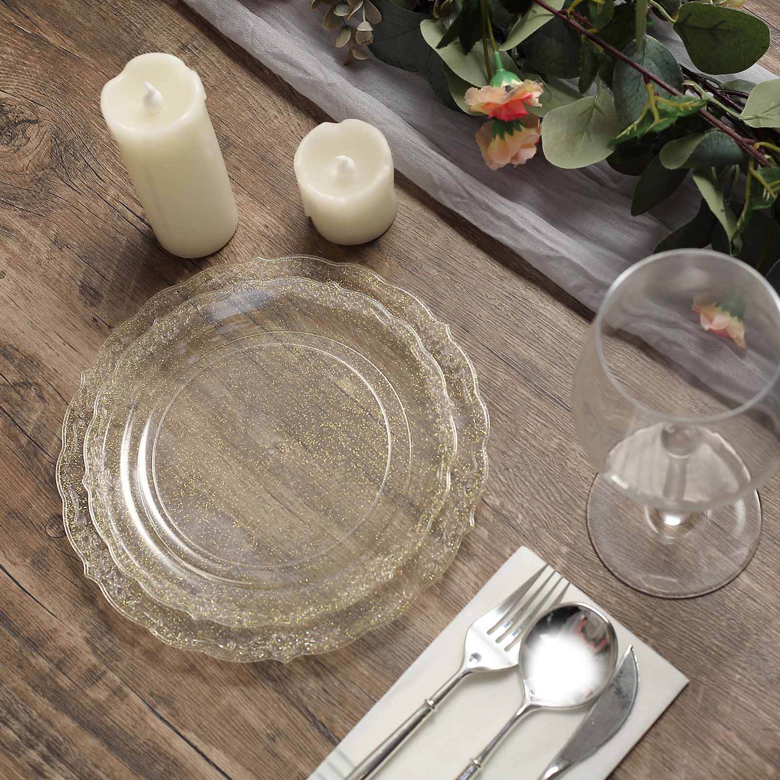 12-Pack Plastic Round Salad Plates 7" Clear with Gold Glitters & Floral Edge - Disposable Appetizer Salad Plates for Chic Events & Banquets - Image 4