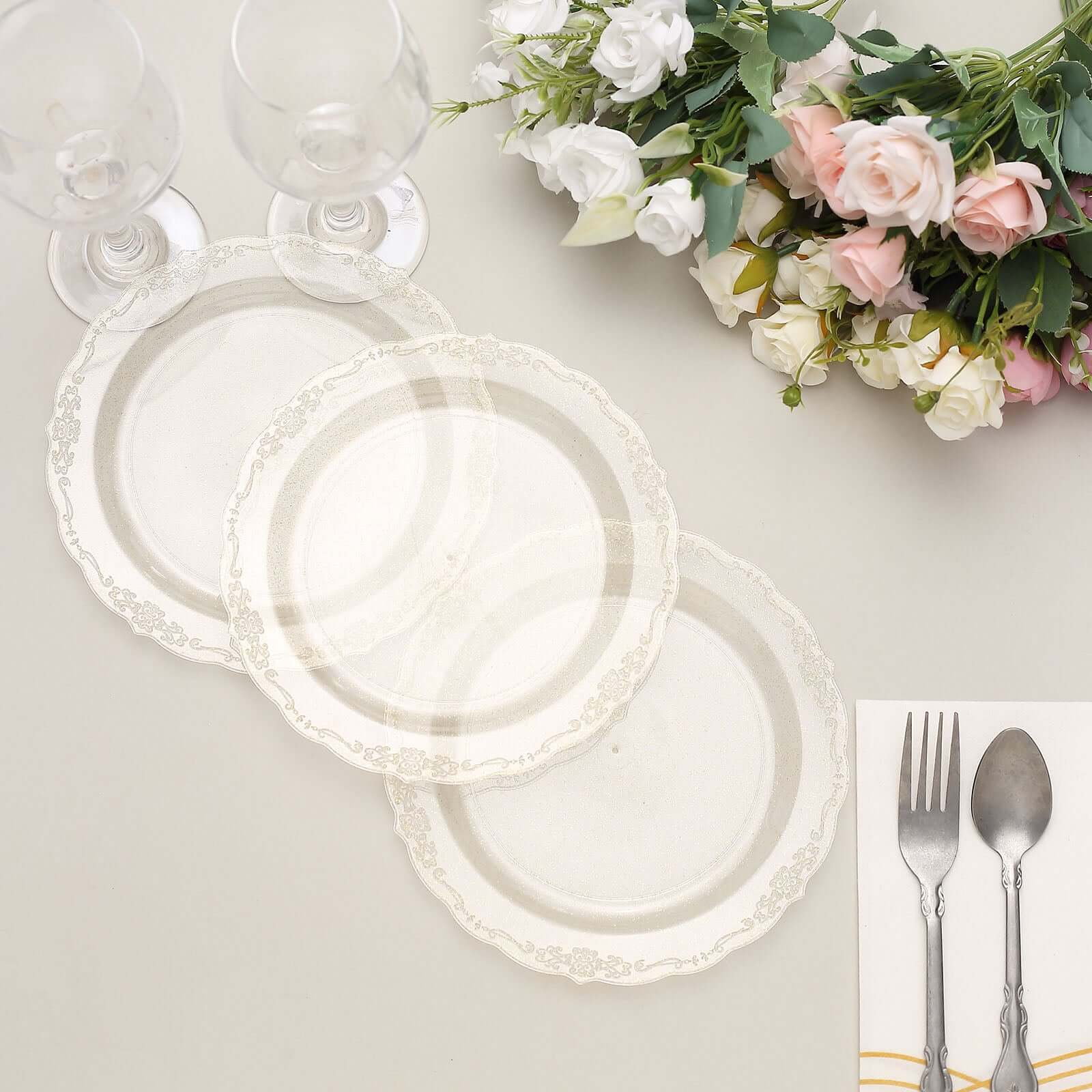 12-Pack Plastic Round Salad Plates 7" Clear with Gold Glitters & Floral Edge - Disposable Appetizer Salad Plates for Chic Events & Banquets - Image 9
