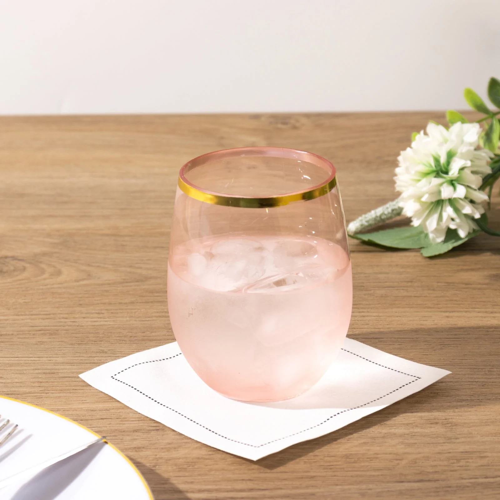 12-Pack Plastic Stemless Wine Glasses 12oz, Transparent Blush with Gold Rim - Reusable Tumblers for Events - Image 14