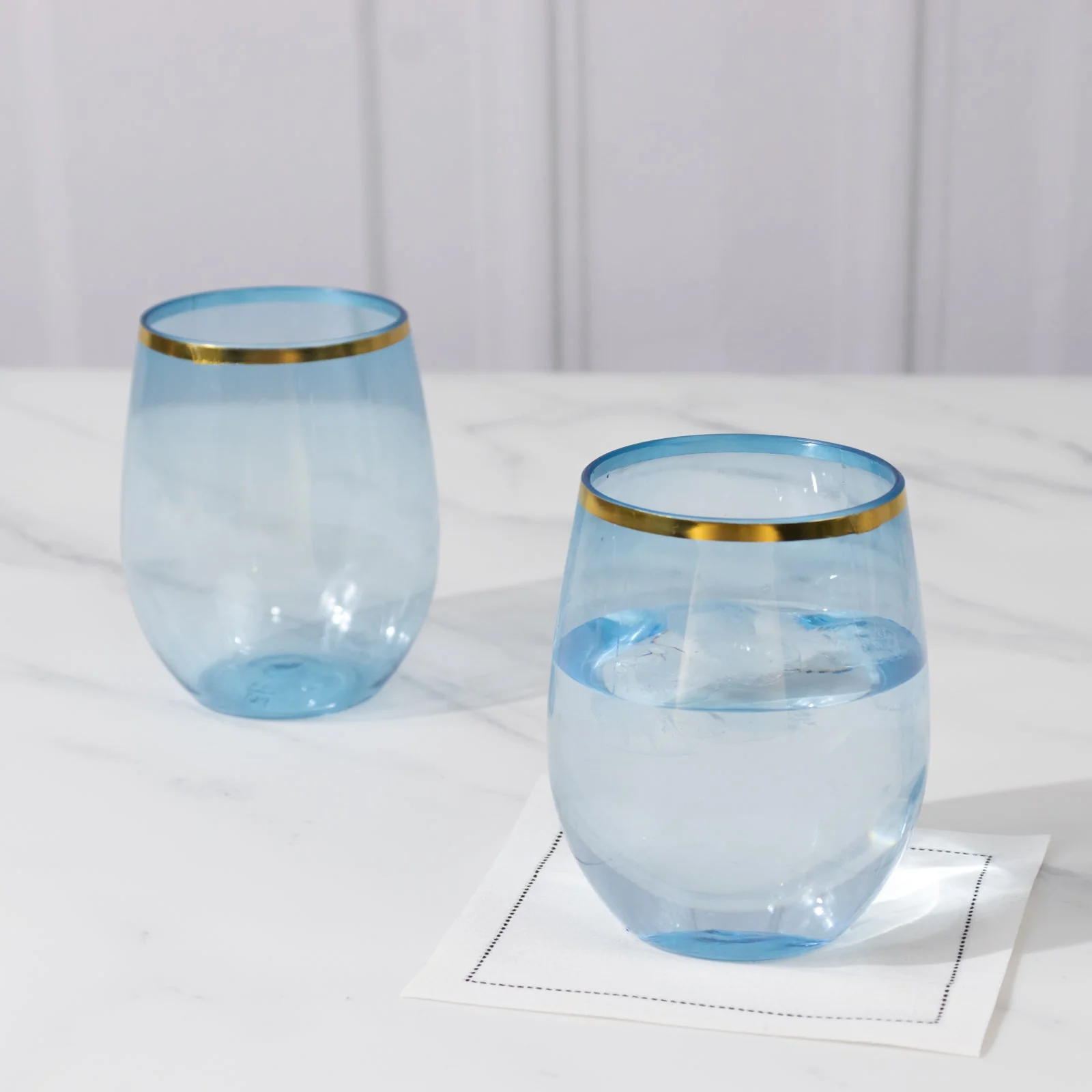 12-Pack Plastic Stemless Wine Glasses 12oz, Transparent Dusty Blue with Gold Rim - Reusable Tumblers for Events