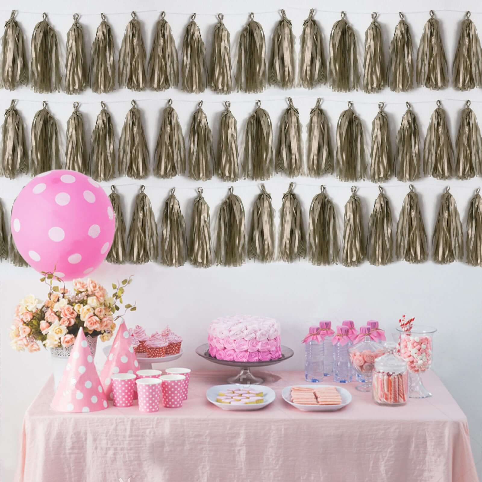 12 Pack Pre-Tied Antique Gold Paper Fringe Tassels With Garland String, Hanging Streamer Banner - Image 9