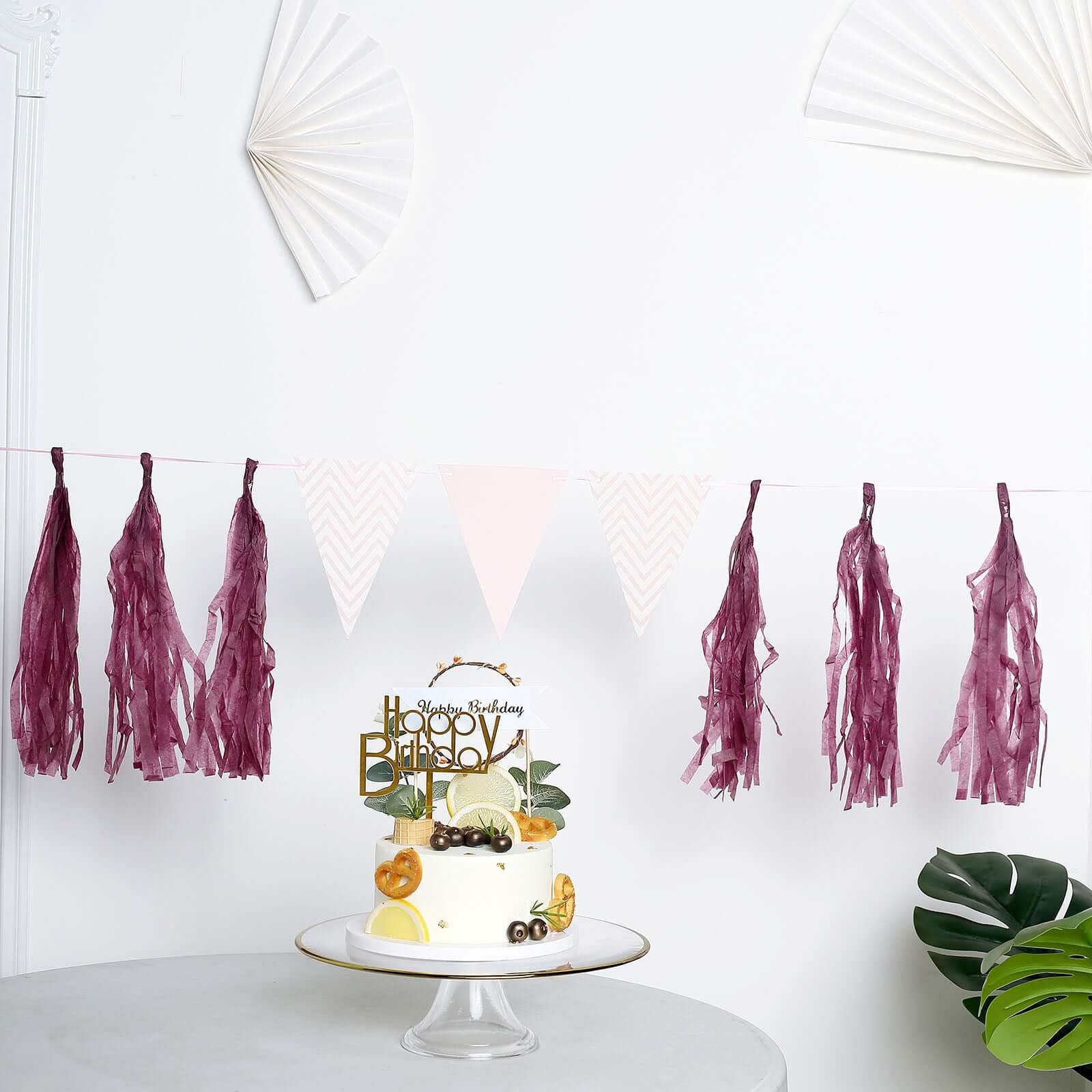12 Pack Pre-Tied Eggplant Tissue Paper Tassel Garland With String, Hanging Fringe Party Streamer Backdrop Decor - Image 2