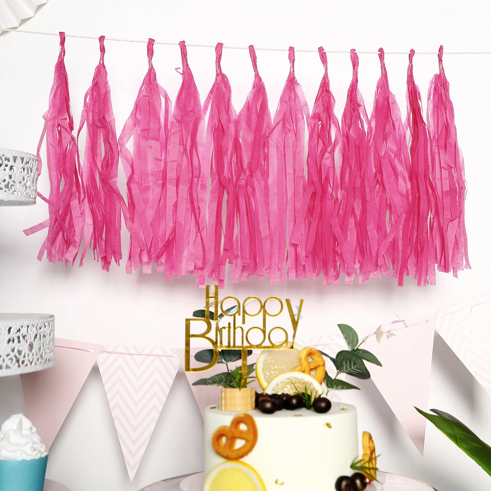12 Pack Pre-Tied Fuchsia Paper Fringe Tassels With Garland String, Hanging Streamer Banner - Image 2