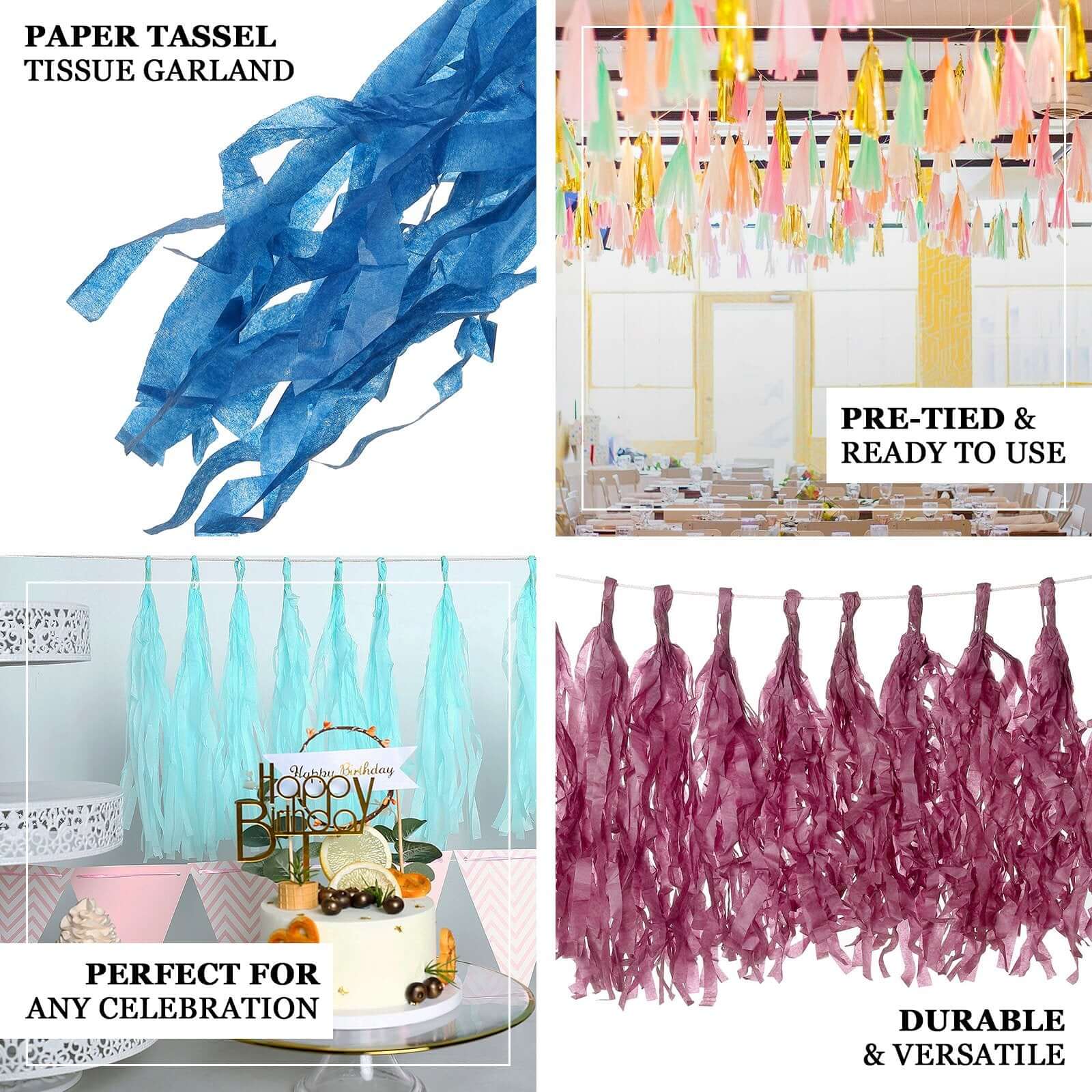 12 Pack Pre-Tied Rose Gold Paper Fringe Tassels With Garland String, Hanging Streamer Banner - Image 4