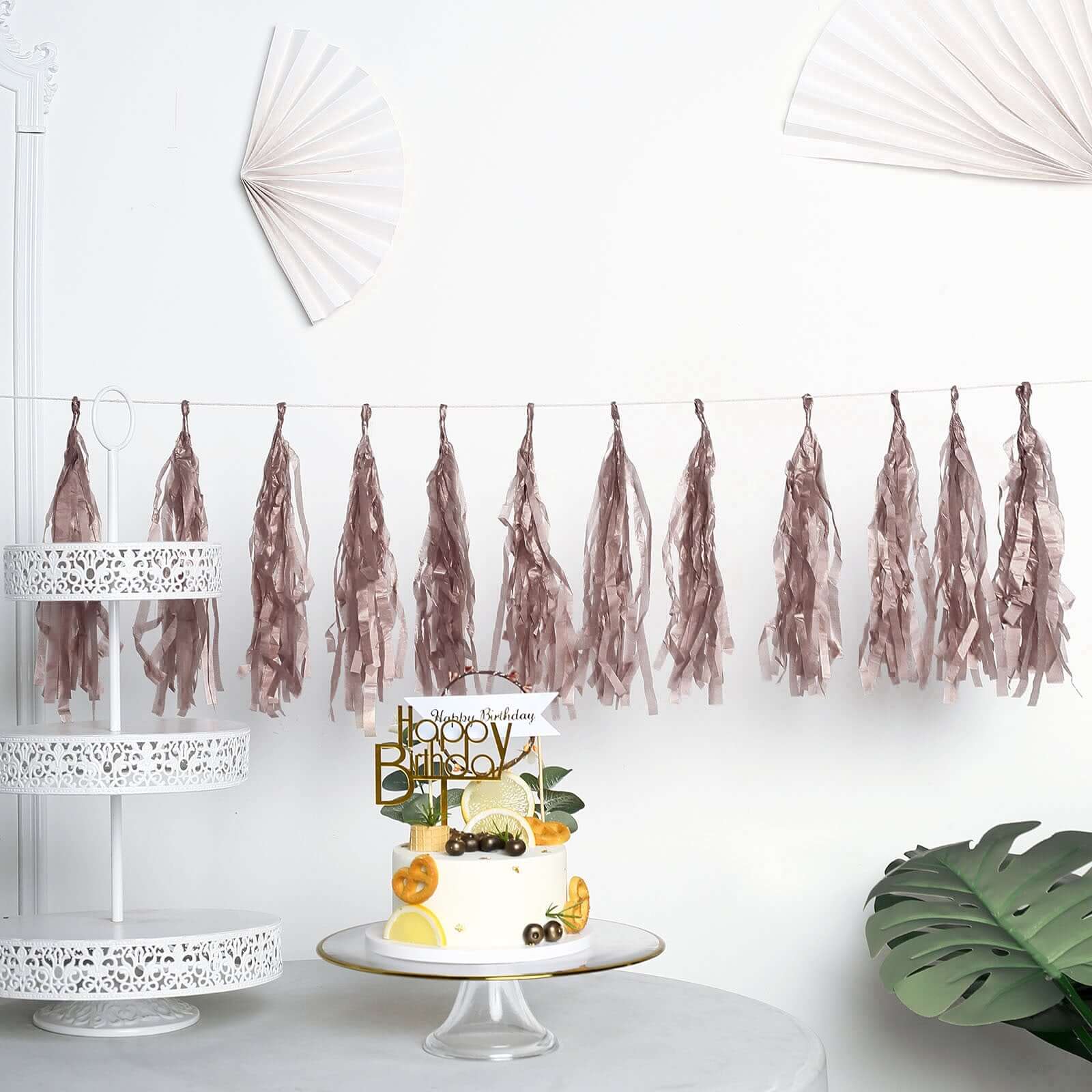 12 Pack Pre-Tied Rose Gold Paper Fringe Tassels With Garland String, Hanging Streamer Banner - Image 9