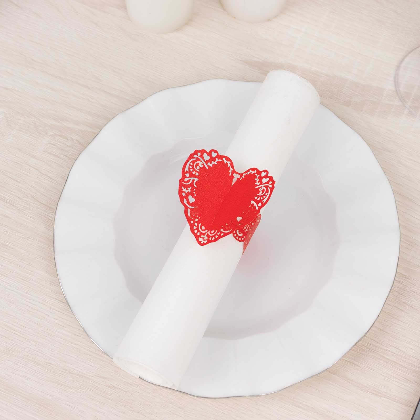 12 Pack Red Shimmery Laser Cut Heart Paper Napkin Rings with Lace Pattern, Disposable Napkin Holders Bands - Image 6