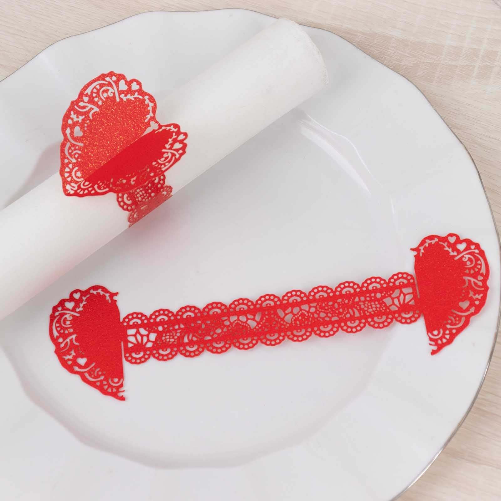12 Pack Red Shimmery Laser Cut Heart Paper Napkin Rings with Lace Pattern, Disposable Napkin Holders Bands - Image 8