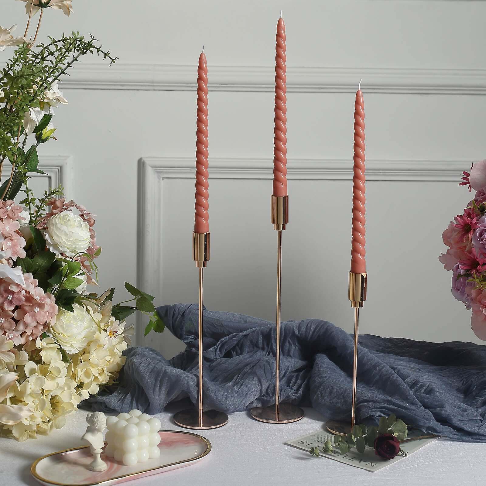 12-Pack Taper Candles 11" Spiral Long Burn Wick Design Dark Nude - Premium Unscented Wax Dinner Candle Sticks