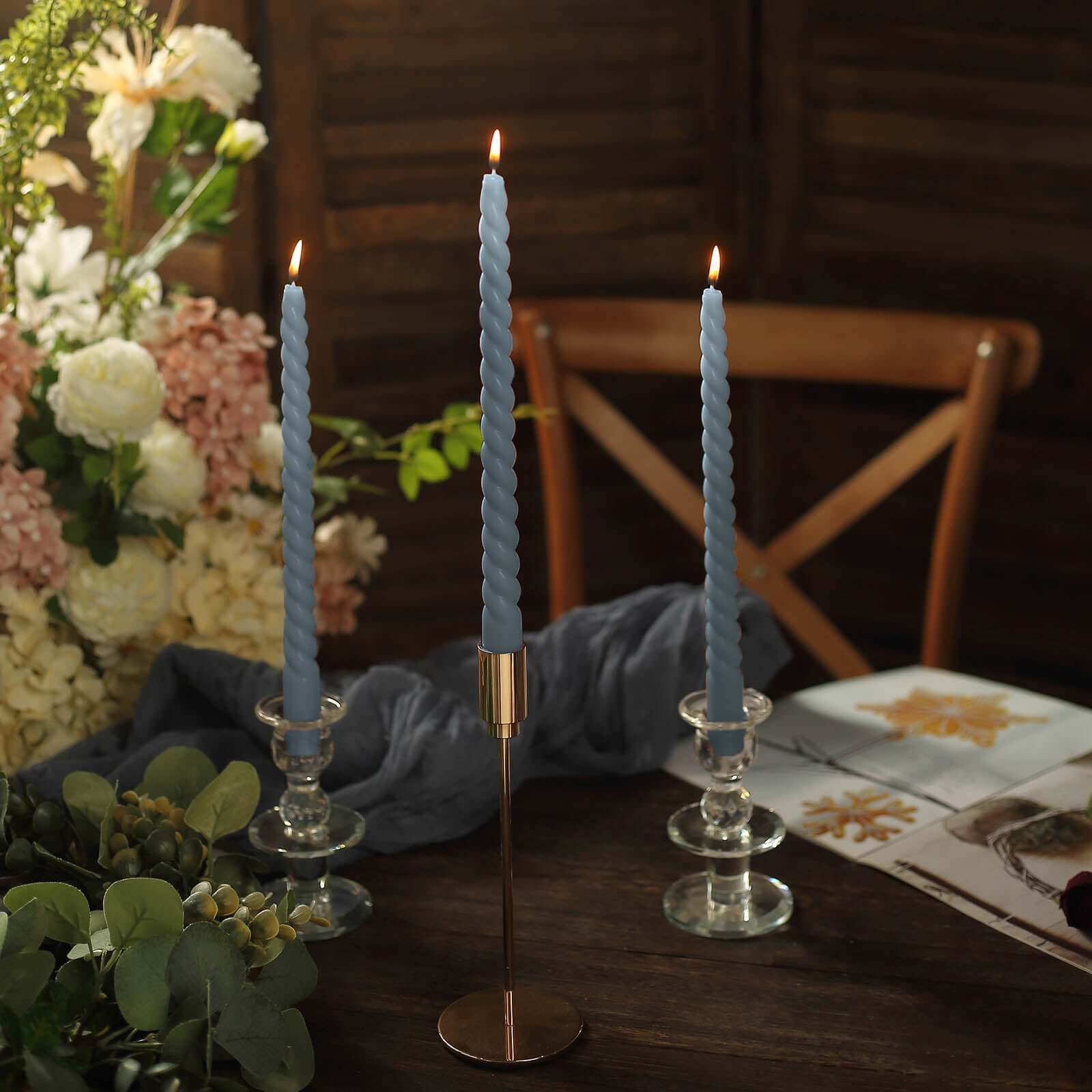 12-Pack Taper Candles 11" Spiral Long Burn Wick Design Dusty Blue - Premium Unscented Wax Dinner Candle Sticks - Image 2