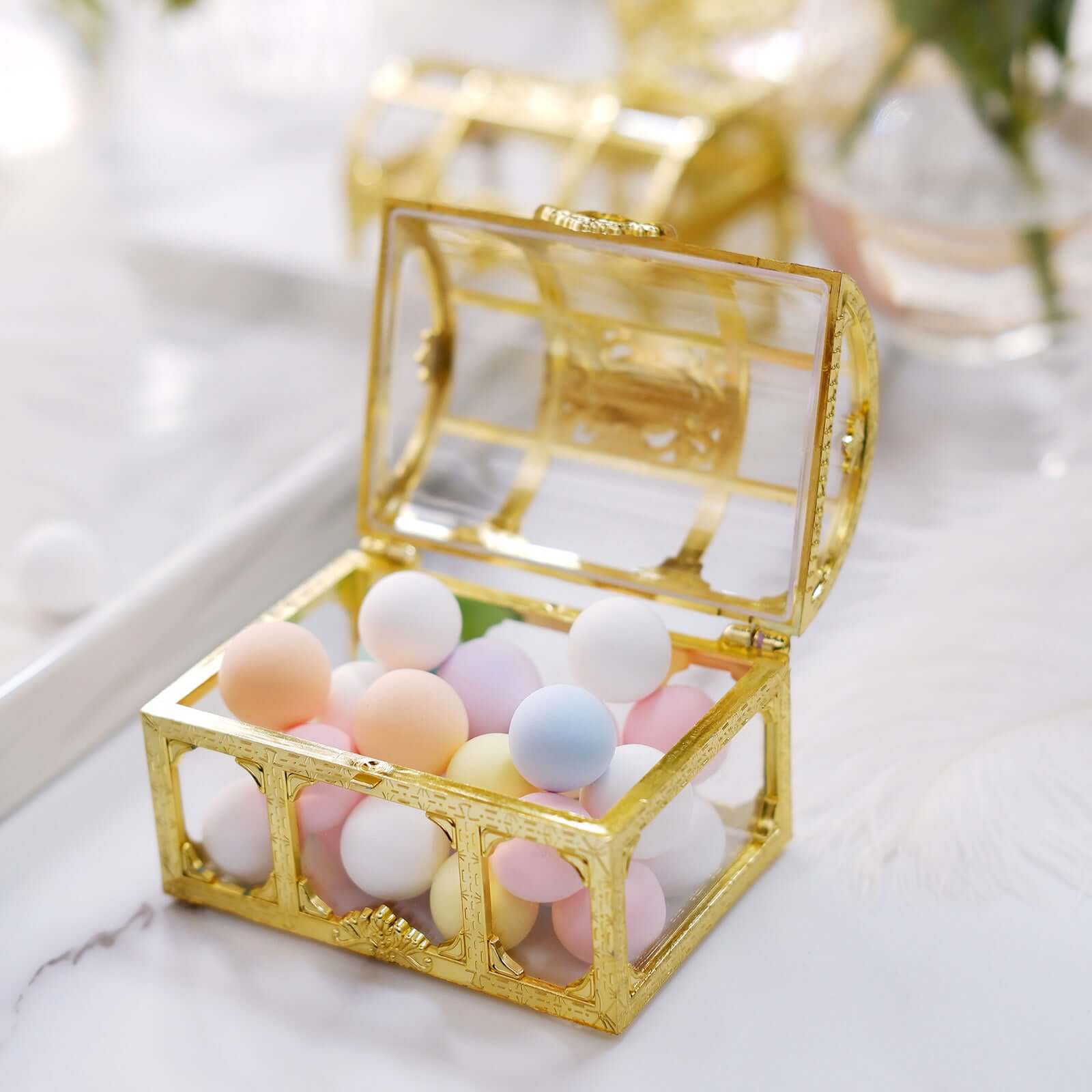 12-Pack Vintage Jewelry Box Candy Containers 3.5" Clear Gold - Treasure Chest Party Favor Gift Boxes