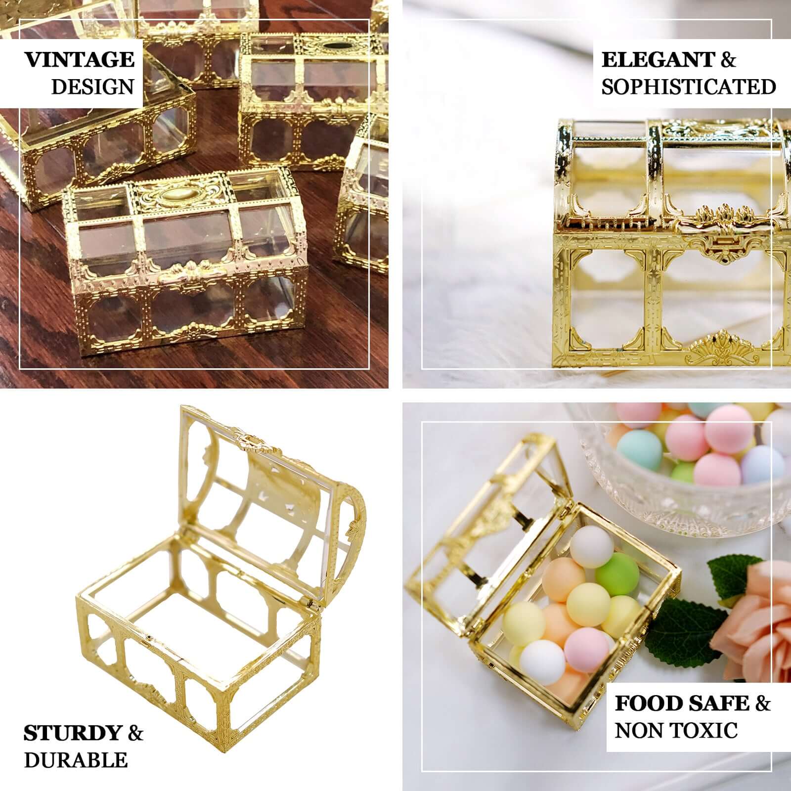 12-Pack Vintage Jewelry Box Candy Containers 3.5" Clear Gold - Treasure Chest Party Favor Gift Boxes - Image 4