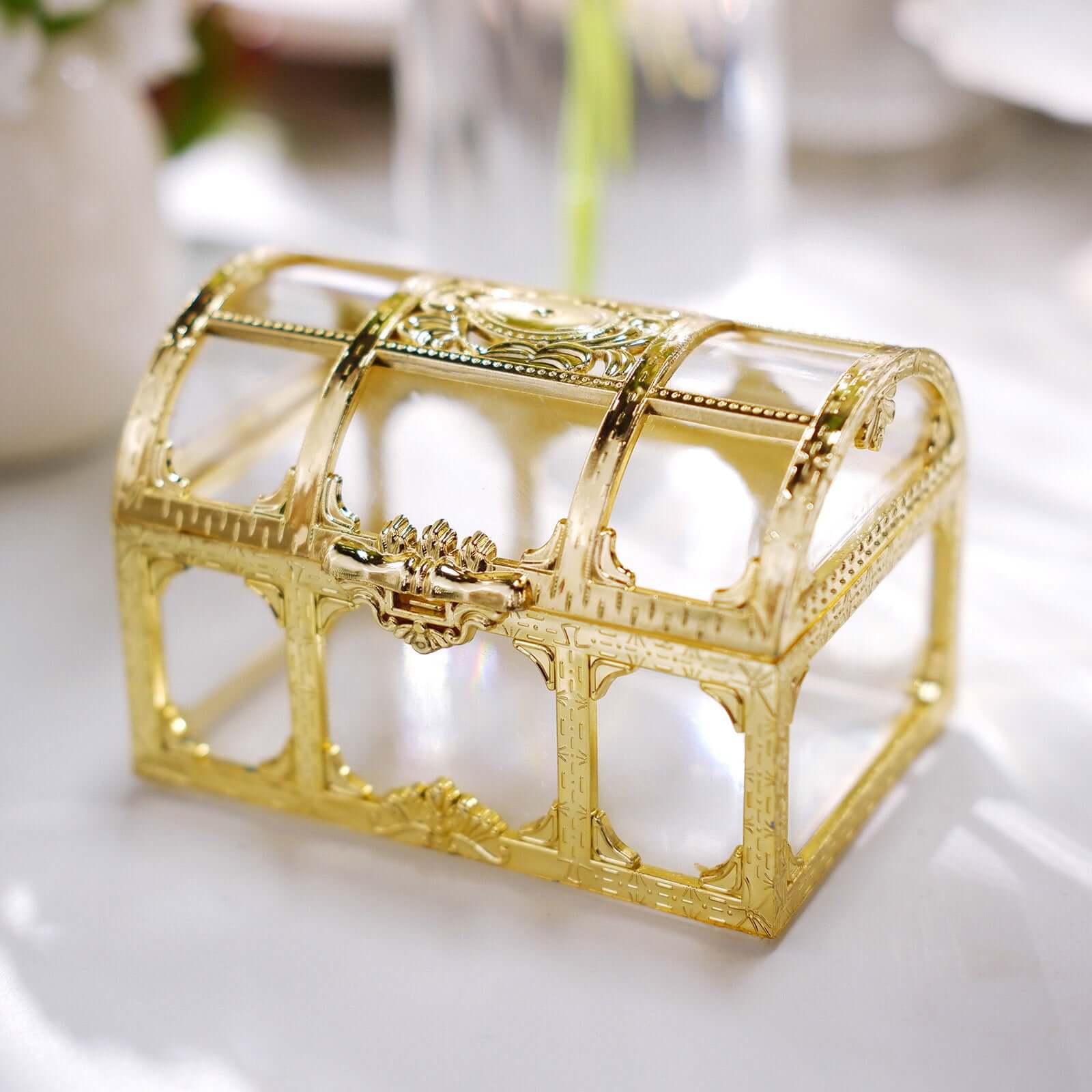 12-Pack Vintage Jewelry Box Candy Containers 3.5" Clear Gold - Treasure Chest Party Favor Gift Boxes - Image 8