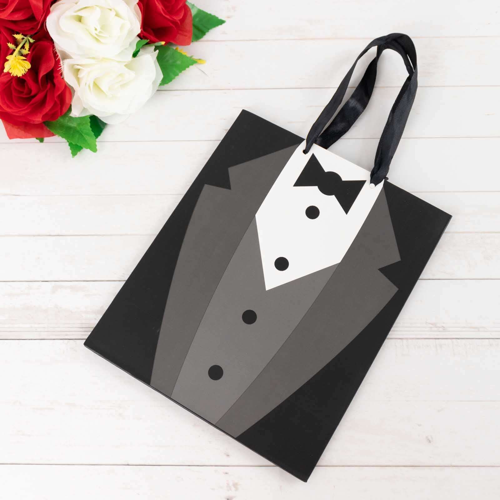 12 Pack White Black Tuxedo Paper Gift Tote Bags With Satin Handles, Wedding Party Favor Reusable Goodie Bags - 8"x9" - Image 12
