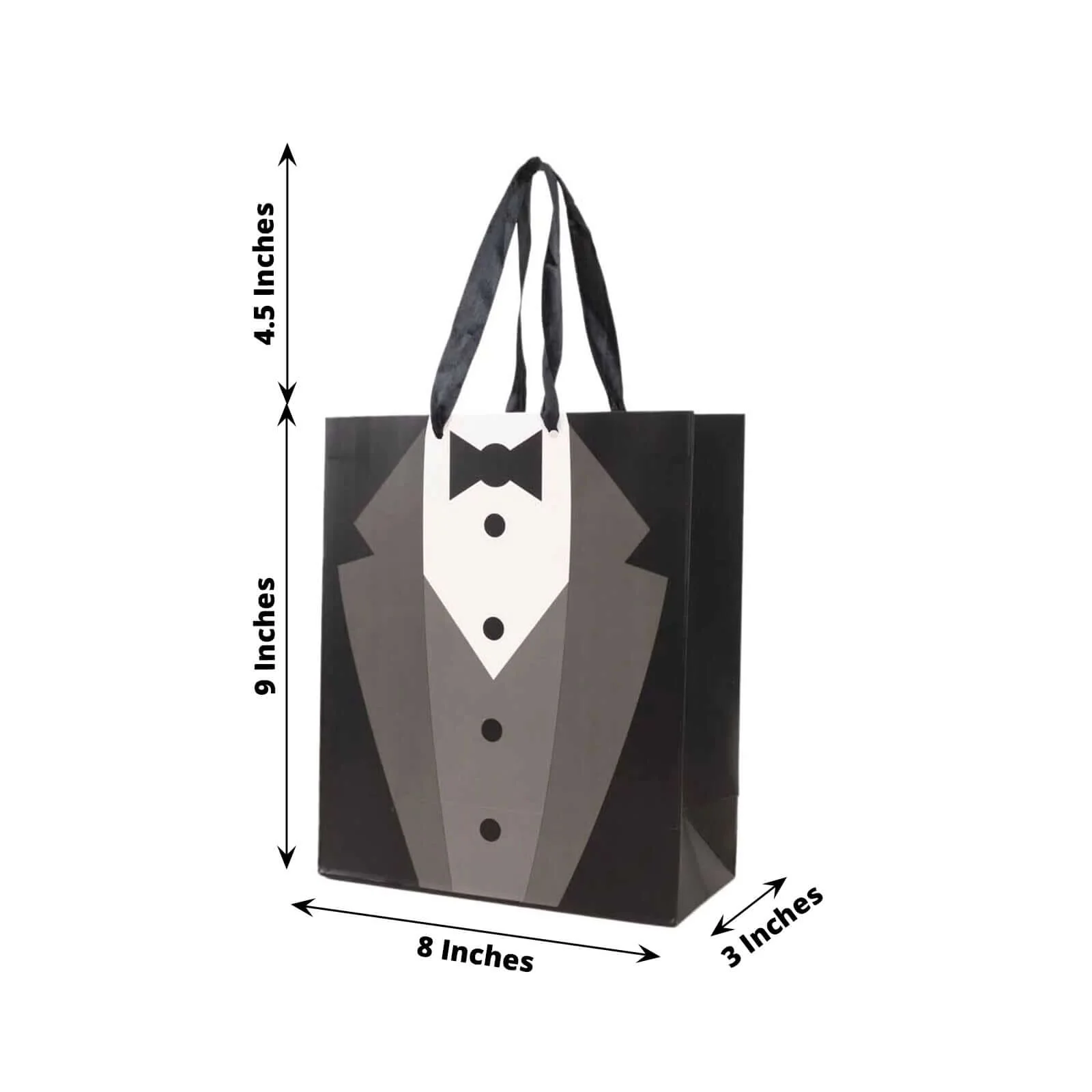 12 Pack White Black Tuxedo Paper Gift Tote Bags With Satin Handles, Wedding Party Favor Reusable Goodie Bags - 8"x9" - Image 3