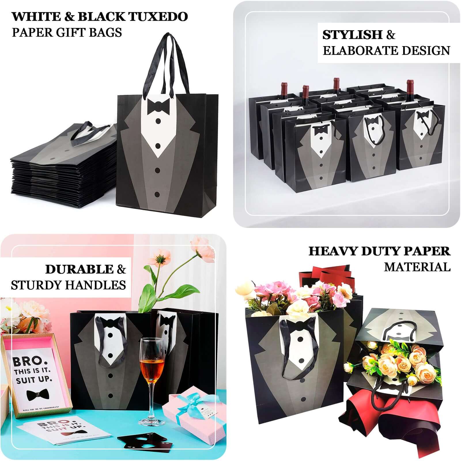 12 Pack White Black Tuxedo Paper Gift Tote Bags With Satin Handles, Wedding Party Favor Reusable Goodie Bags - 8"x9" - Image 4
