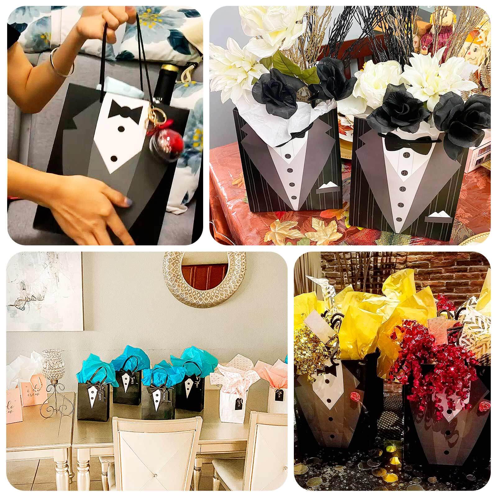 12 Pack White Black Tuxedo Paper Gift Tote Bags With Satin Handles, Wedding Party Favor Reusable Goodie Bags - 8"x9" - Image 5
