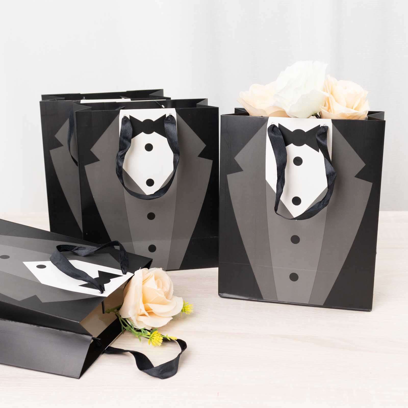 12 Pack White Black Tuxedo Paper Gift Tote Bags With Satin Handles, Wedding Party Favor Reusable Goodie Bags - 8"x9" - Image 6