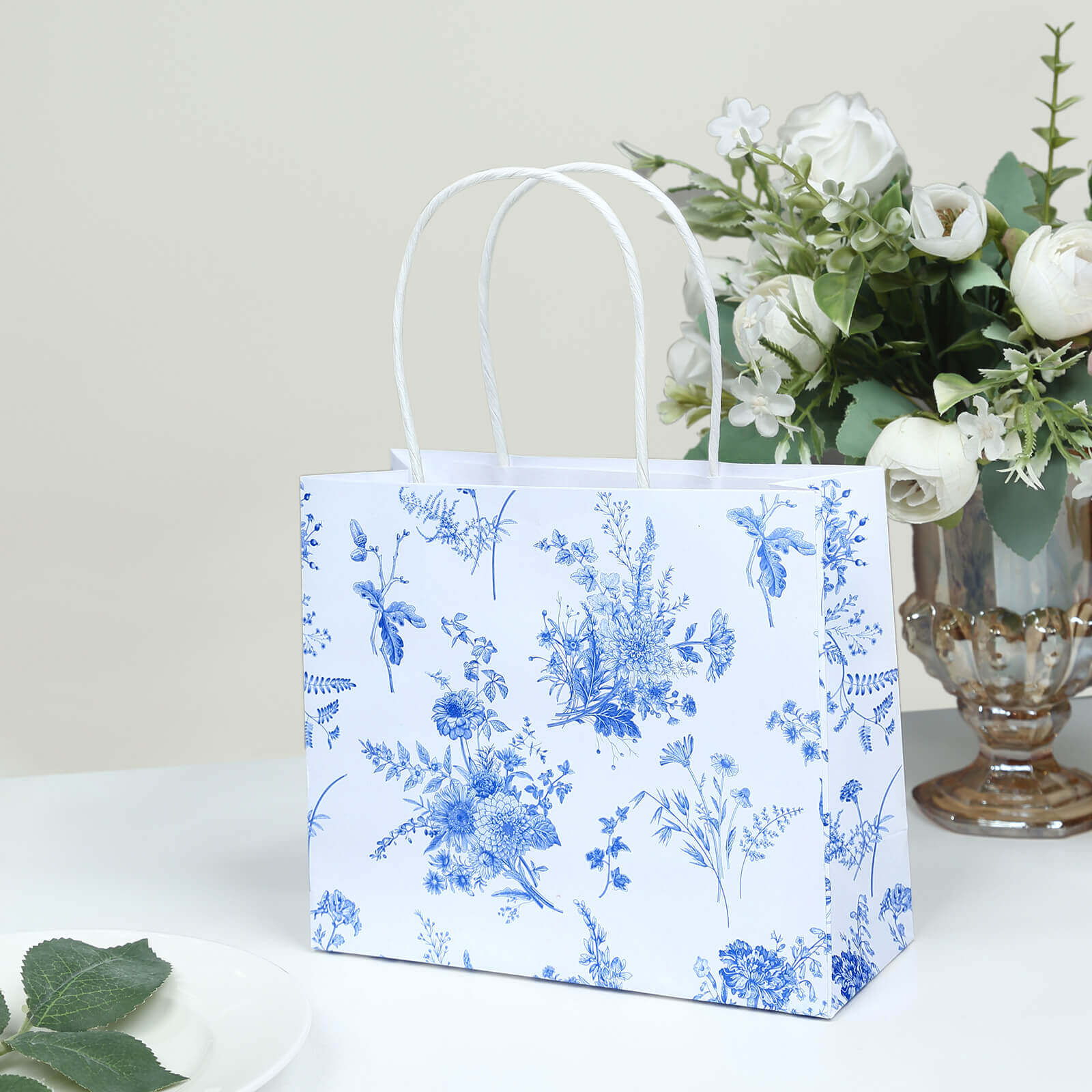 12 Pack White Blue French Toile Paper Gift Bags With Handles, Party Favor Goodie Bags - 6"x7" - Image 2