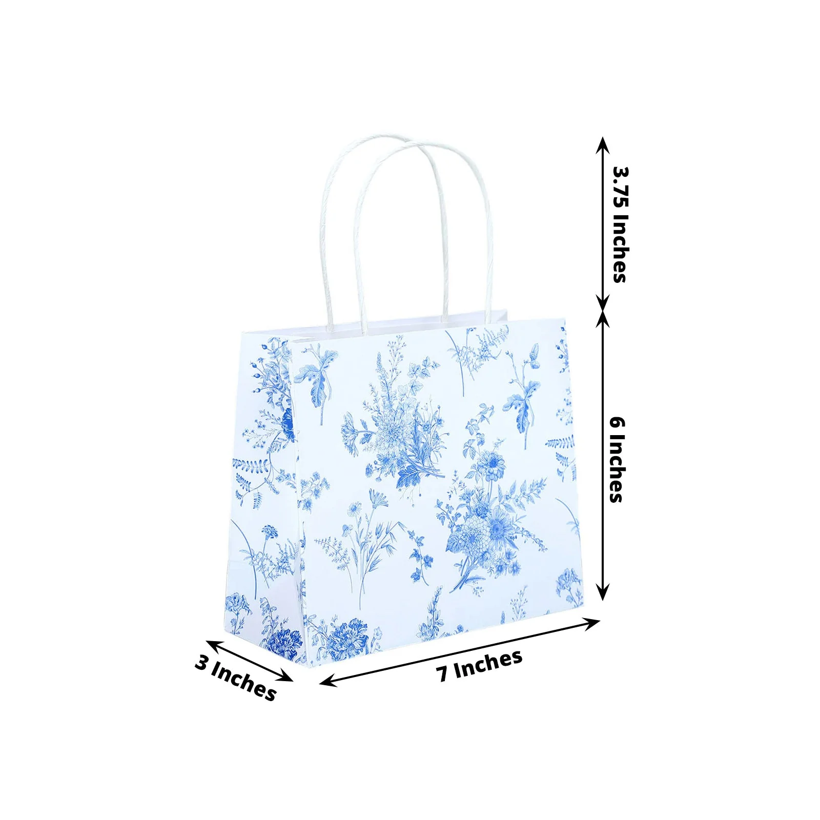 12 Pack White Blue French Toile Paper Gift Bags With Handles, Party Favor Goodie Bags - 6"x7" - Image 3