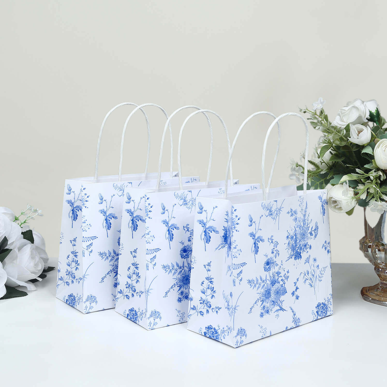 12 Pack White Blue French Toile Paper Gift Bags With Handles, Party Favor Goodie Bags - 6"x7" - Image 7