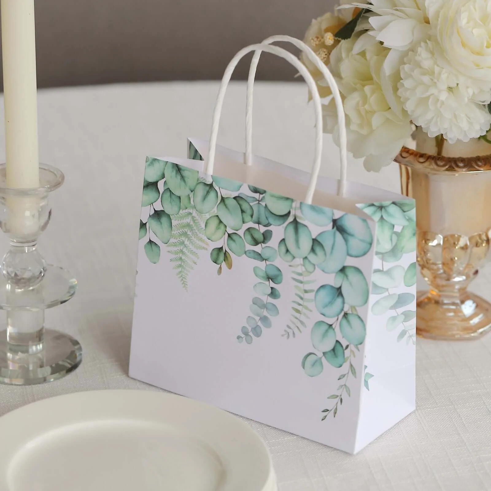 12 Pack White Green Eucalyptus Leaves Paper Gift Bags With Handles, Party Favor Goodie Bags - 6"x7" - Image 2