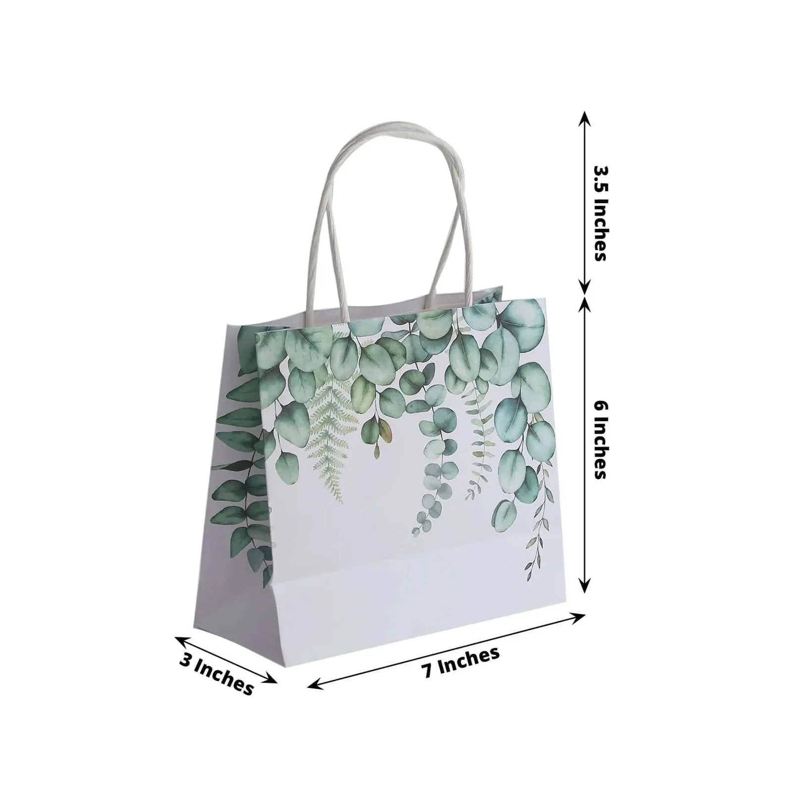 12 Pack White Green Eucalyptus Leaves Paper Gift Bags With Handles, Party Favor Goodie Bags - 6"x7" - Image 3