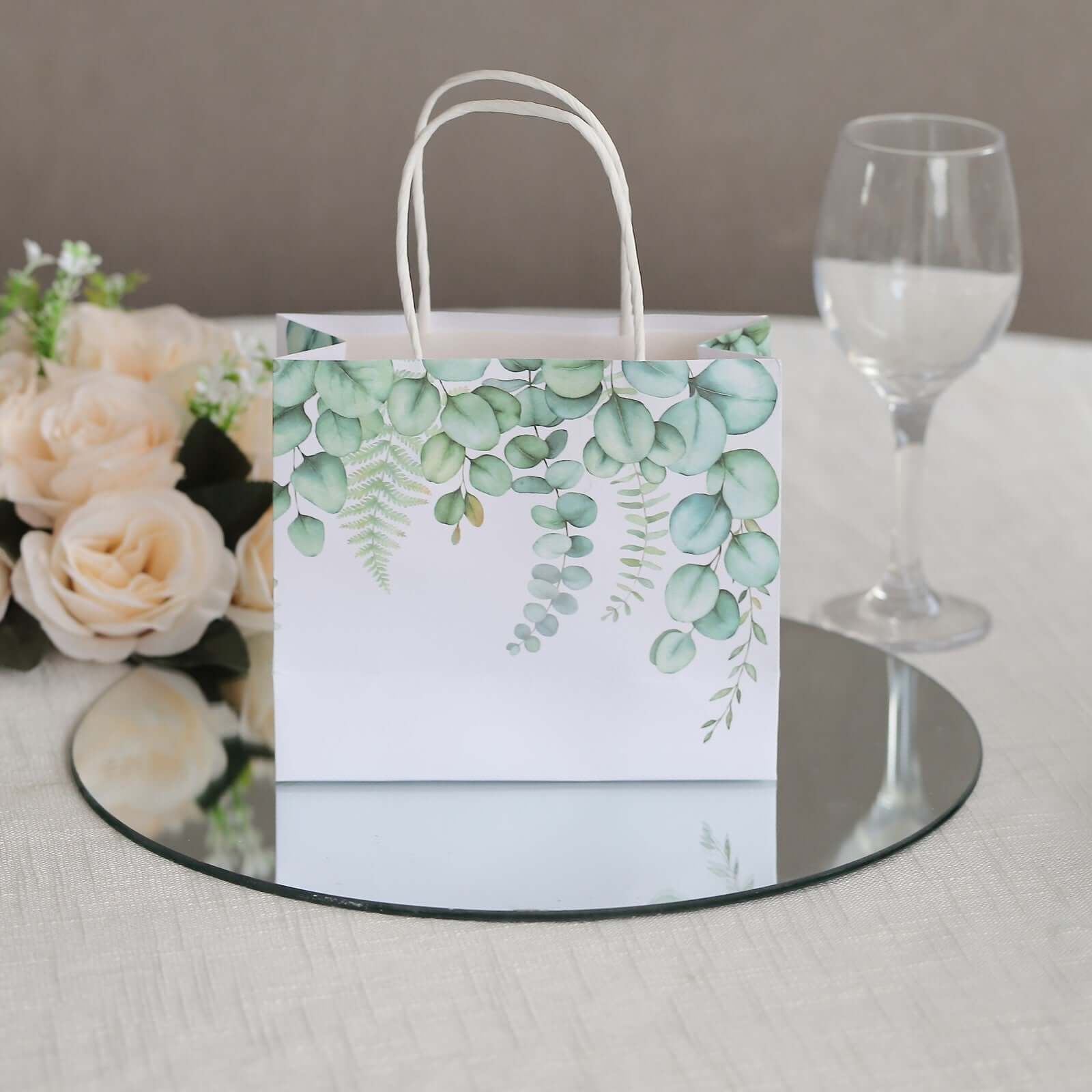 12 Pack White Green Eucalyptus Leaves Paper Gift Bags With Handles, Party Favor Goodie Bags - 6"x7" - Image 6