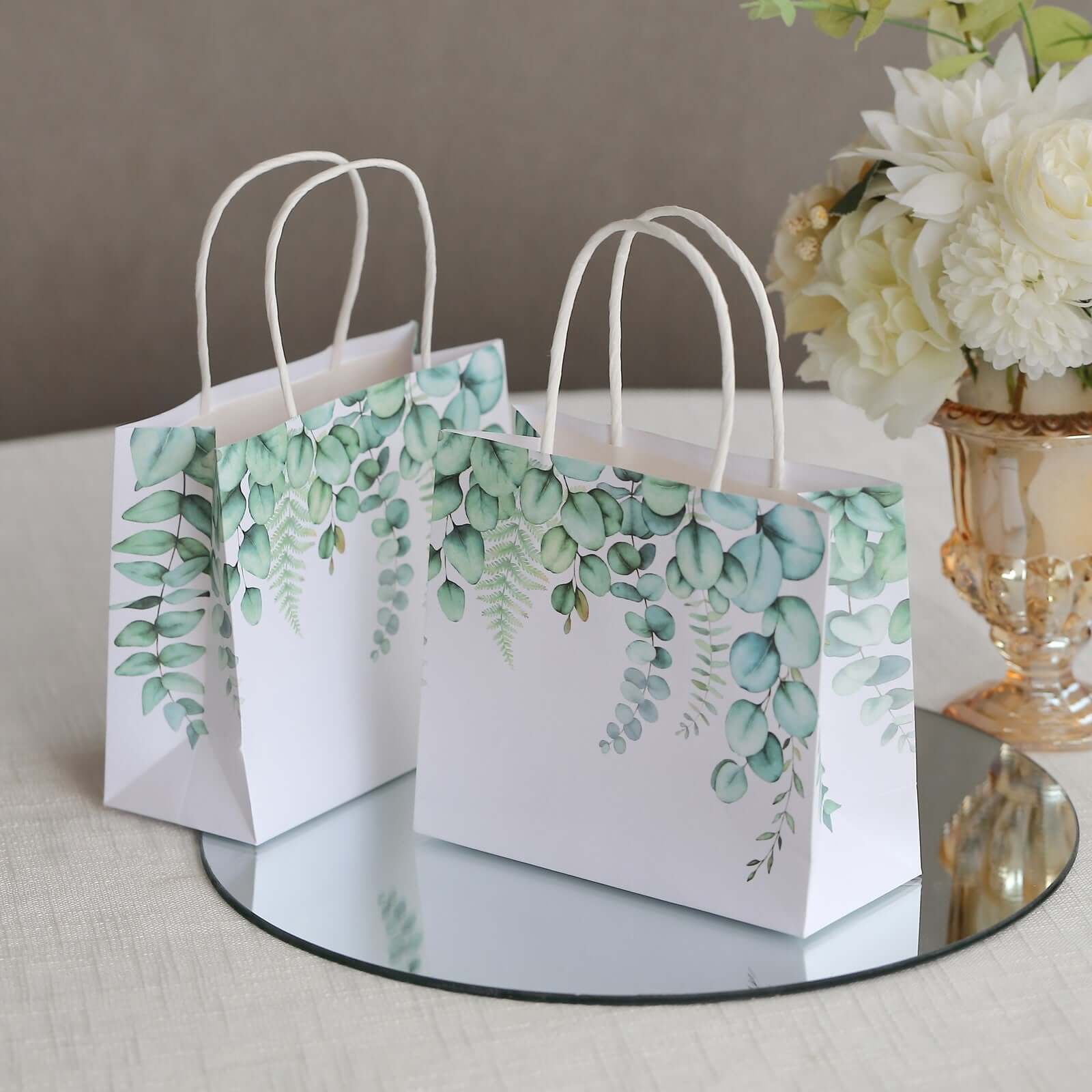 12 Pack White Green Eucalyptus Leaves Paper Gift Bags With Handles, Party Favor Goodie Bags - 6"x7" - Image 9