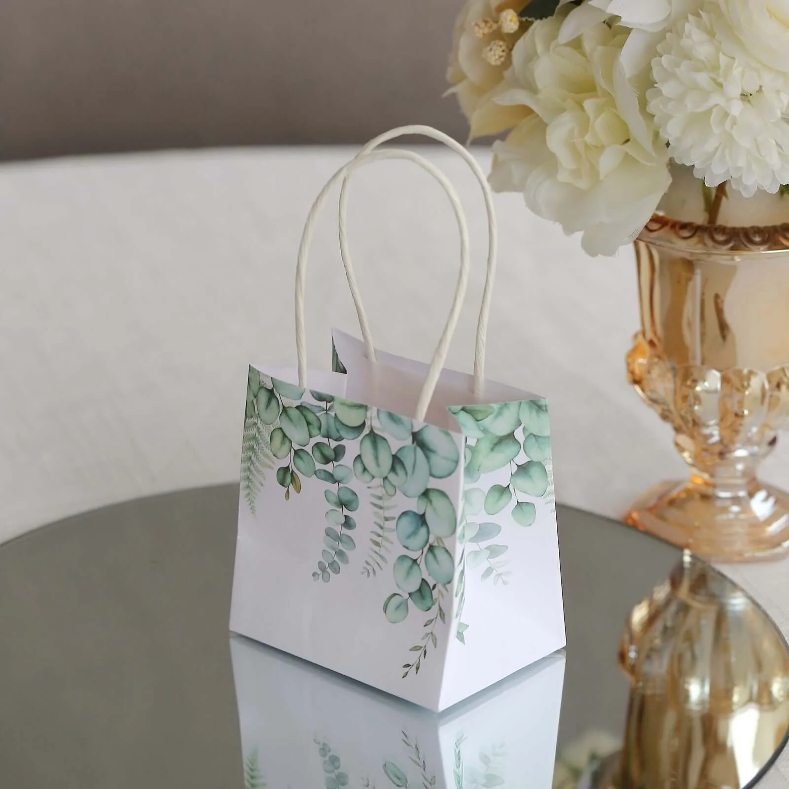 12 Pack White Green Eucalyptus Leaves Paper Gift Bags With Handles, Small Party Favor Goodie Bags - 4"x4" - Image 10