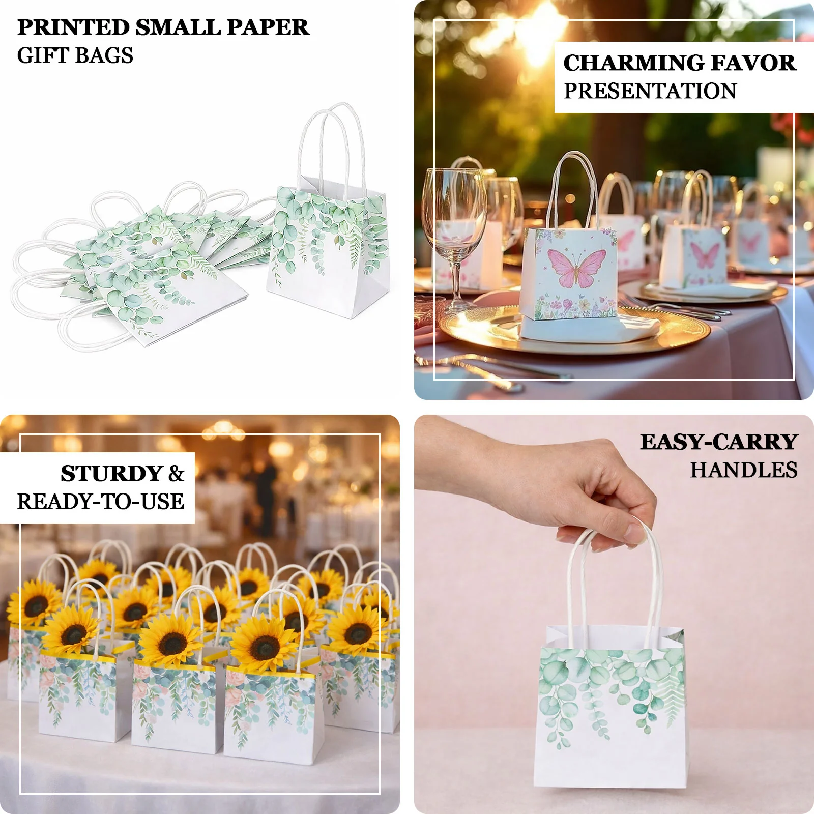 12 Pack White Green Eucalyptus Leaves Paper Gift Bags With Handles, Small Party Favor Goodie Bags - 4"x4" - Image 4