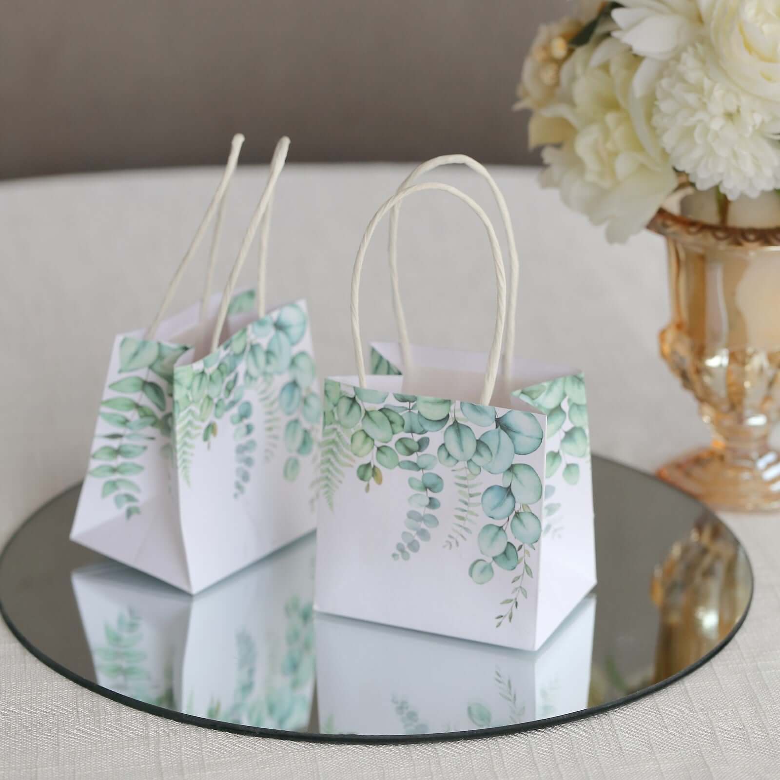 12 Pack White Green Eucalyptus Leaves Paper Gift Bags With Handles, Small Party Favor Goodie Bags - 4"x4" - Image 6