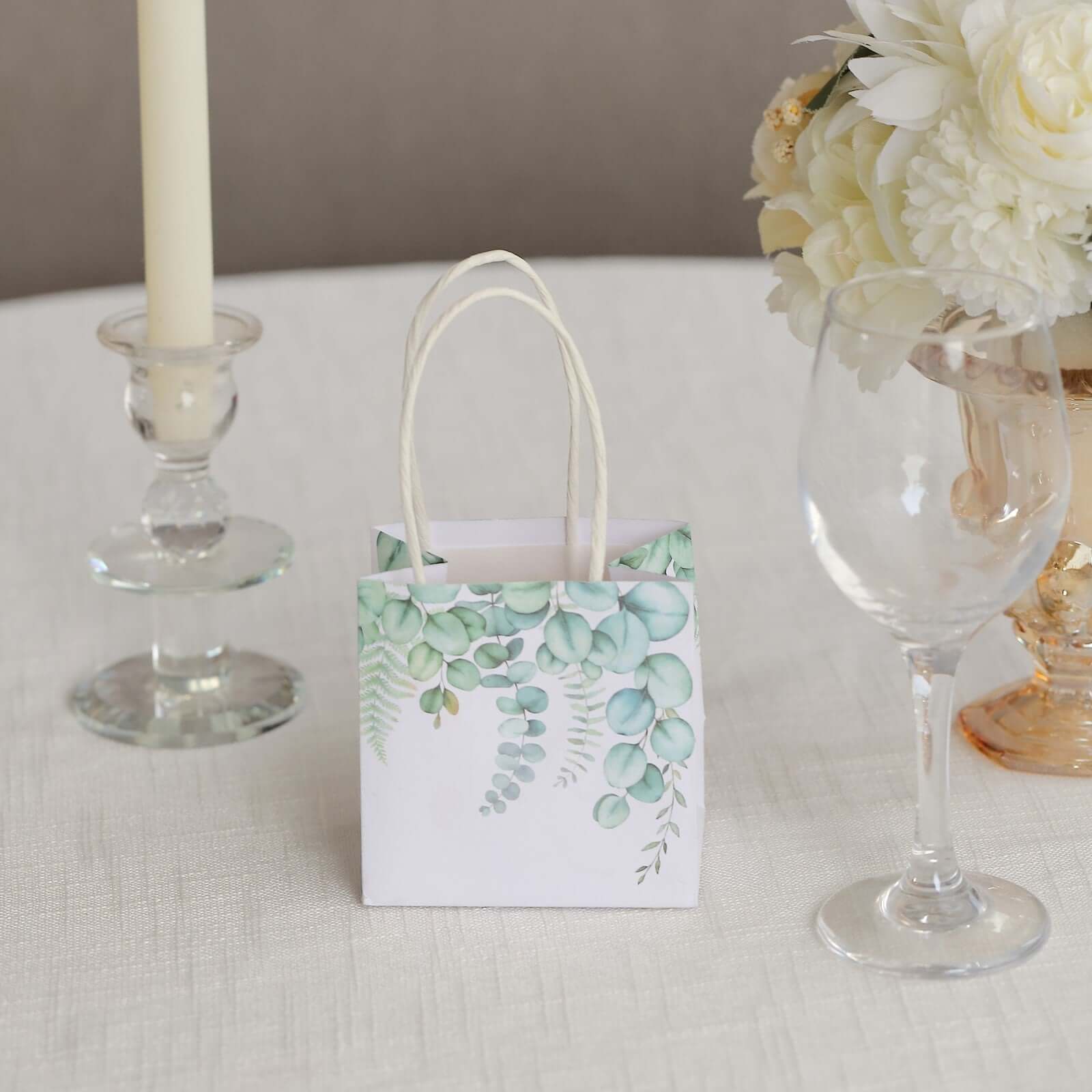 12 Pack White Green Eucalyptus Leaves Paper Gift Bags With Handles, Small Party Favor Goodie Bags - 4"x4" - Image 7