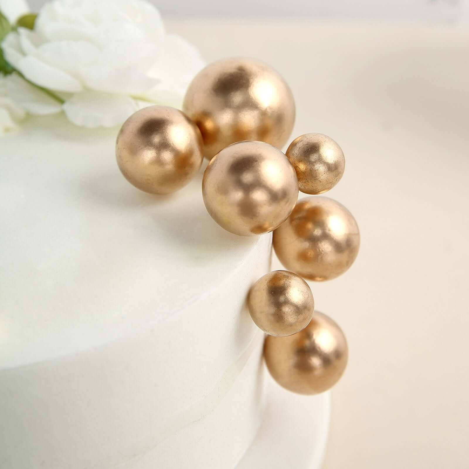 12 Pcs Cake Topper Picks Gold Faux Pearl Ball Design - Foam Balloon DIY Cupcake Decor Supplies Assorted Sizes - Image 2
